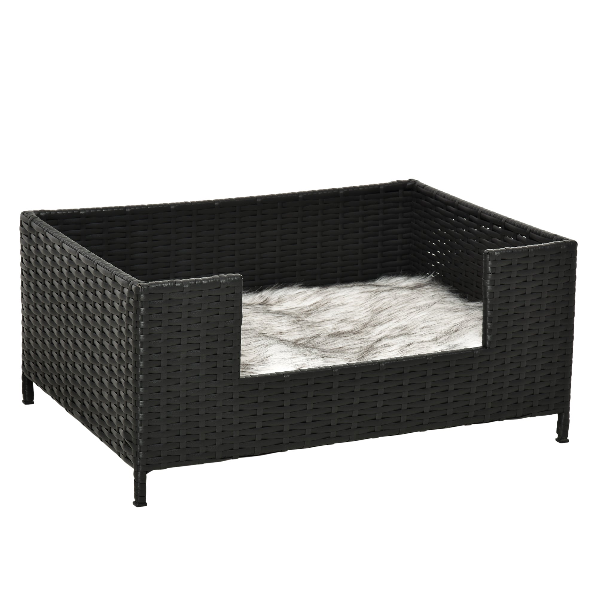PawHut Rattan Dog Sofa with Soft Cushion, Raised Pet Bed Cat Chair Couch with Soft Washable Cushion, Indoor Outdoor Use, for Mini and Small Sized Dogs - Black