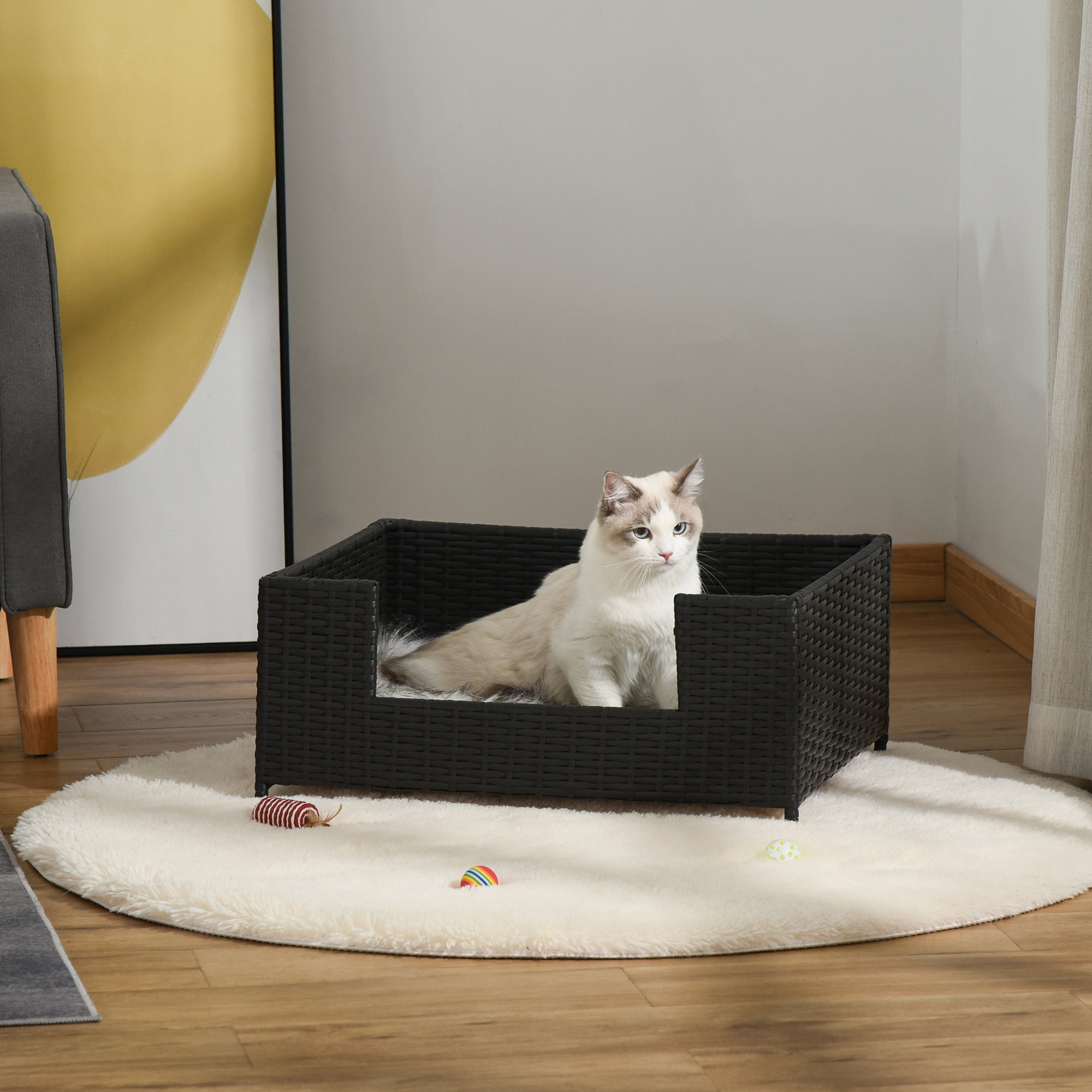 PawHut Rattan Dog Sofa with Soft Cushion, Raised Pet Bed Cat Chair Couch with Soft Washable Cushion, Indoor Outdoor Use, for Mini and Small Sized Dogs - Black