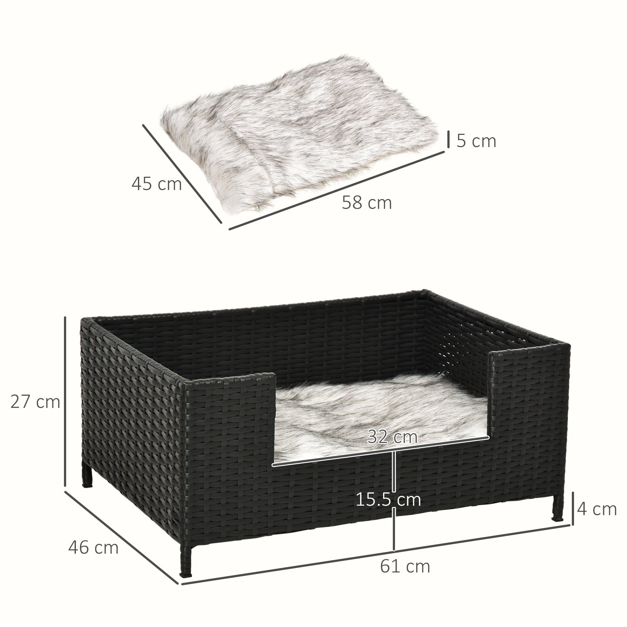 PawHut Rattan Dog Sofa with Soft Cushion, Raised Pet Bed Cat Chair Couch with Soft Washable Cushion, Indoor Outdoor Use, for Mini and Small Sized Dogs - Black