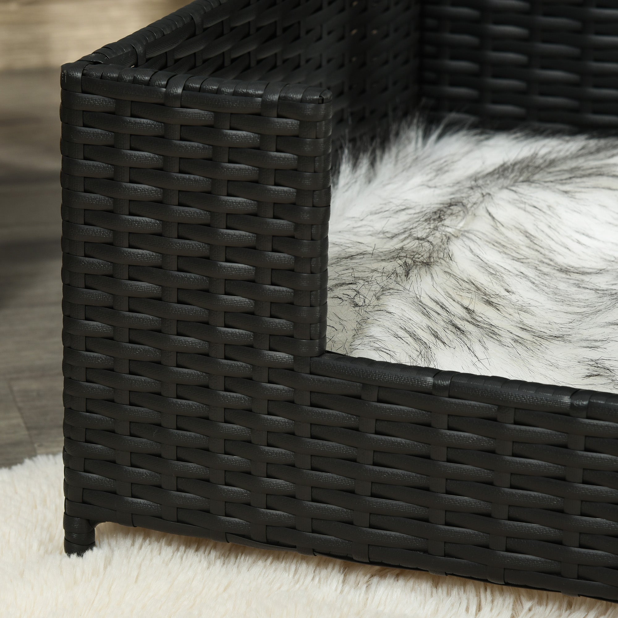 PawHut Rattan Dog Sofa with Soft Cushion, Raised Pet Bed Cat Chair Couch with Soft Washable Cushion, Indoor Outdoor Use, for Mini and Small Sized Dogs - Black