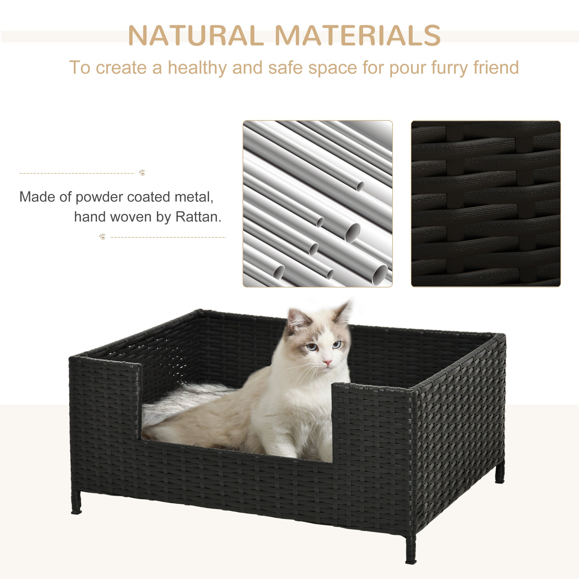 PawHut Rattan Dog Sofa with Soft Cushion, Raised Pet Bed Cat Chair Couch with Soft Washable Cushion, Indoor Outdoor Use, for Mini and Small Sized Dogs - Black