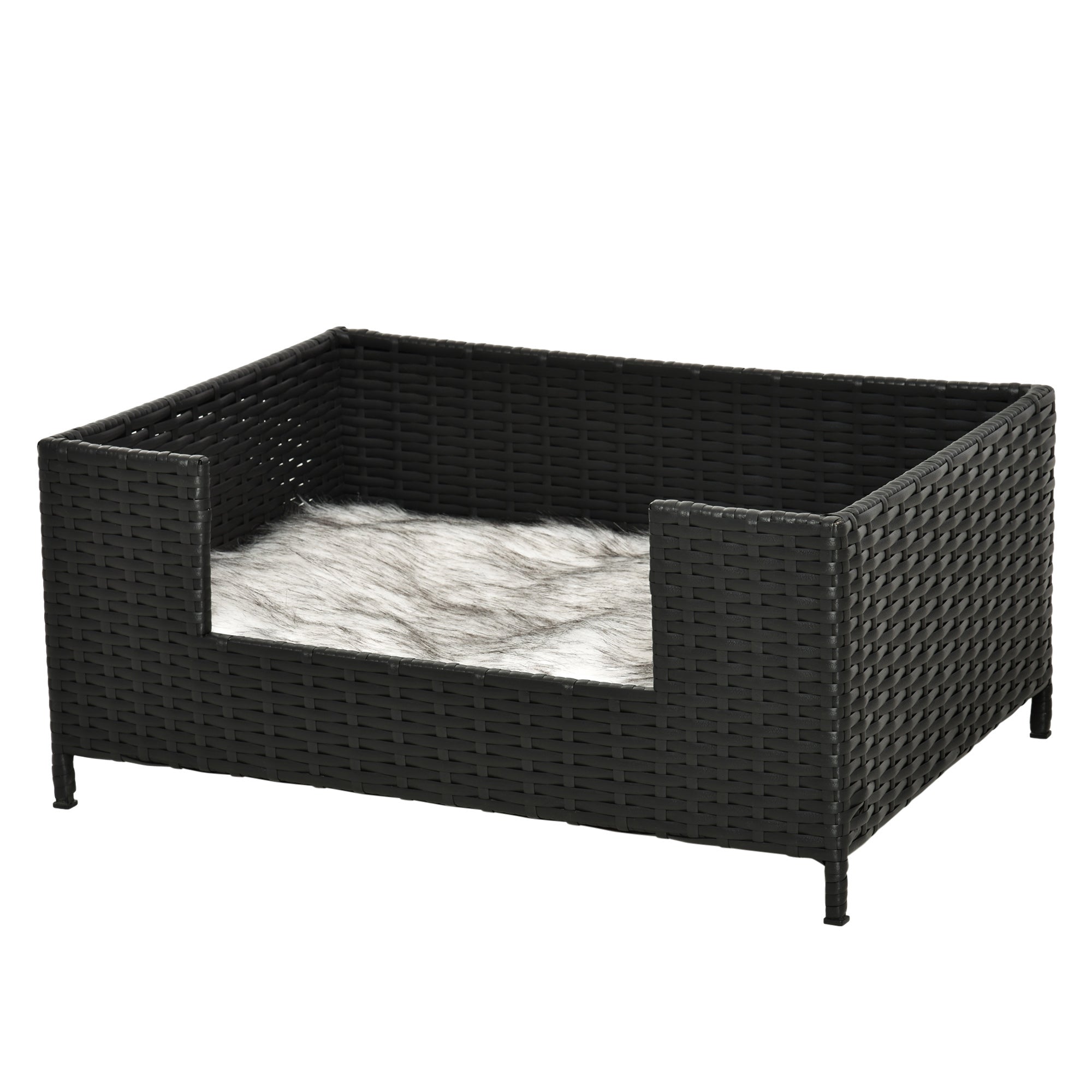 PawHut Rattan Dog Sofa with Soft Cushion, Raised Pet Bed Cat Chair Couch with Soft Washable Cushion, Indoor Outdoor Use, for Mini and Small Sized Dogs - Black