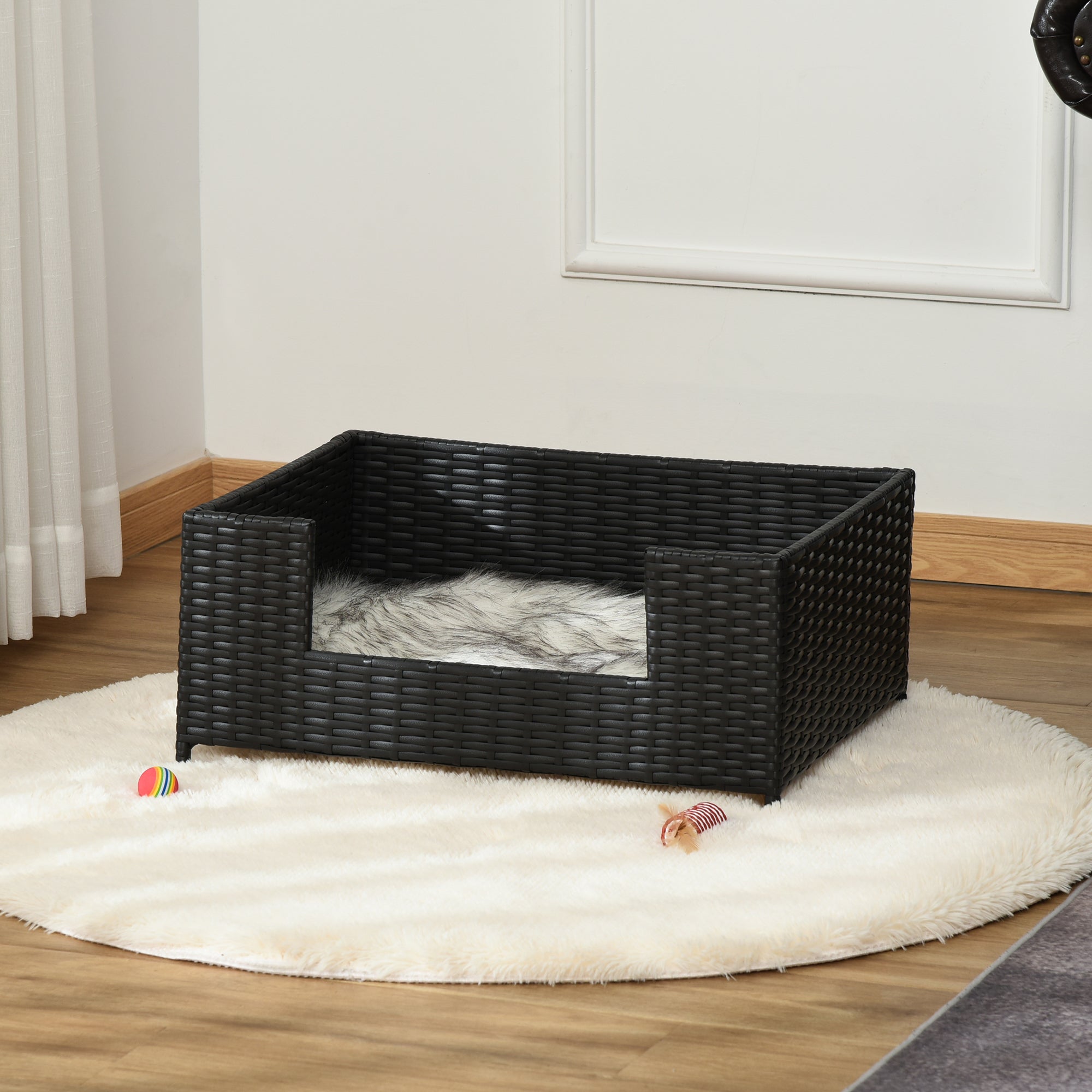 PawHut Rattan Dog Sofa with Soft Cushion, Raised Pet Bed Cat Chair Couch with Soft Washable Cushion, Indoor Outdoor Use, for Mini and Small Sized Dogs - Black