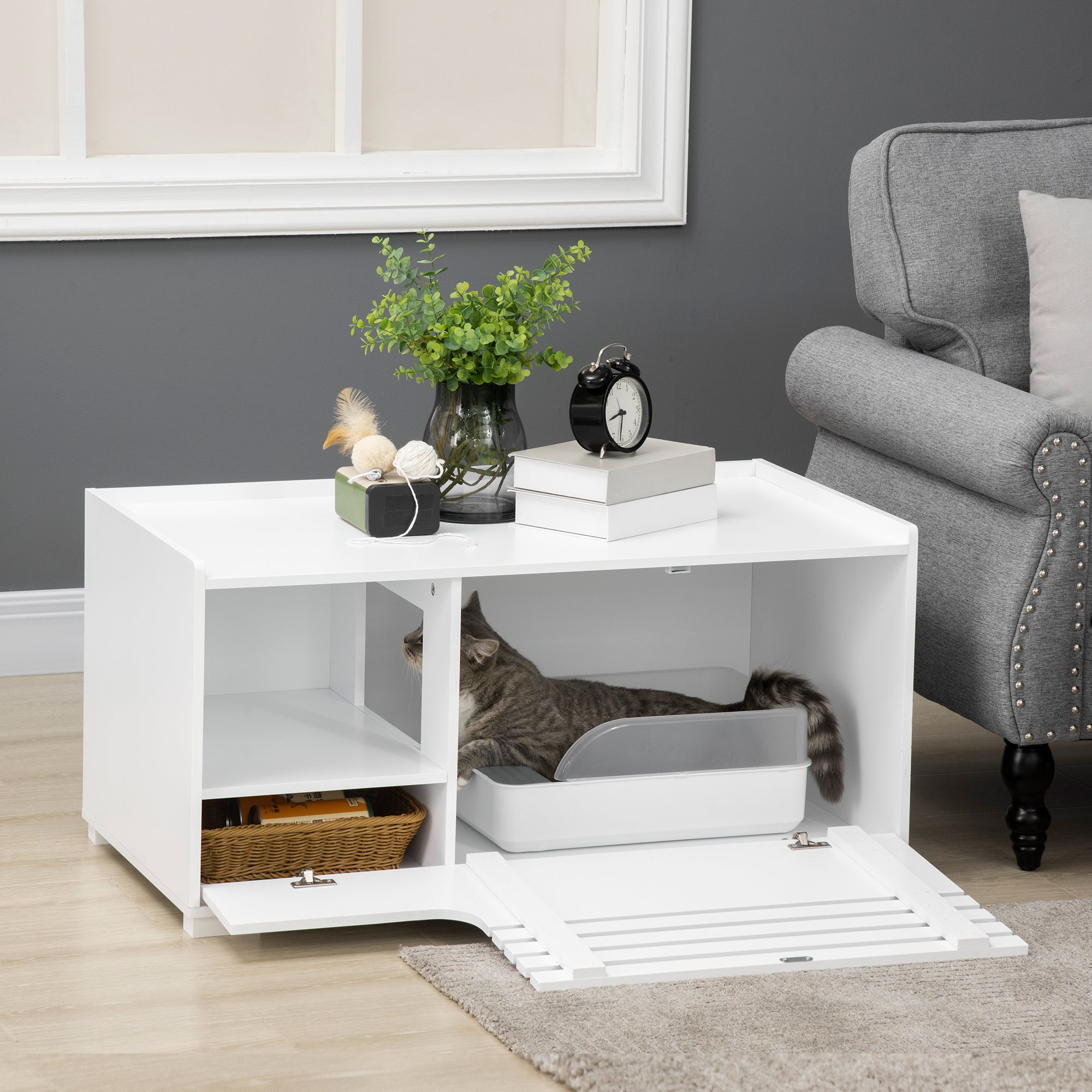 PawHut Cat Litter Box Enclosure with Spacious Interior, Cat Washroom Storage End Table for Indoor Cats with Hidden Storage Cabinet Space, Elevated Bottom, White