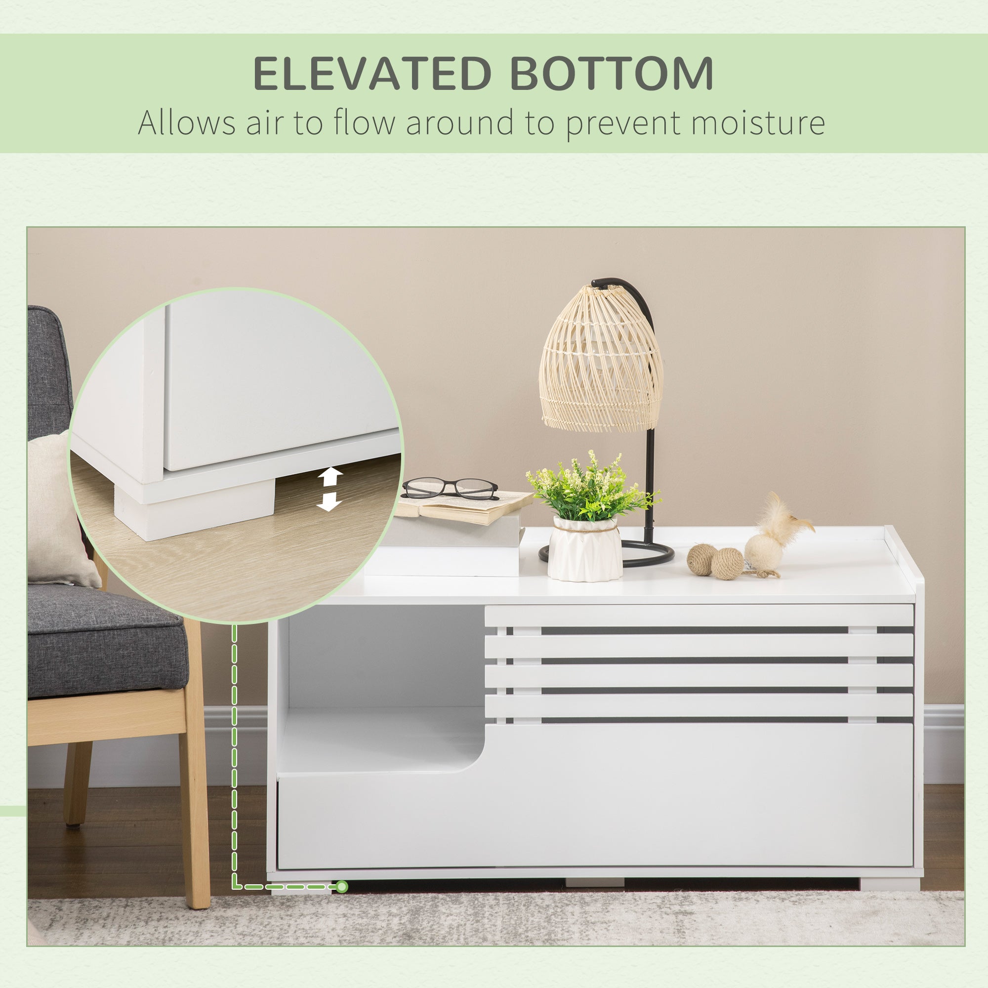 PawHut Cat Litter Box Enclosure with Spacious Interior, Cat Washroom Storage End Table for Indoor Cats with Hidden Storage Cabinet Space, Elevated Bottom, White