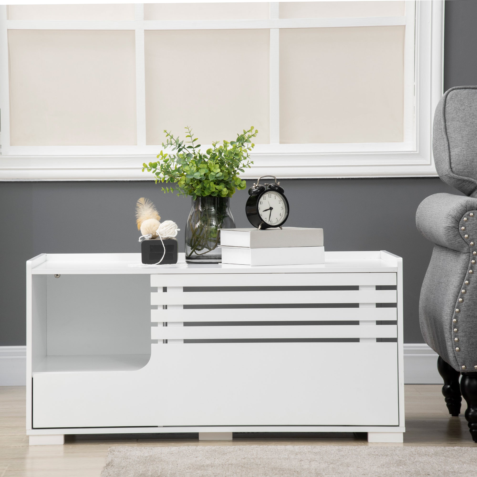 PawHut Cat Litter Box Enclosure with Spacious Interior, Cat Washroom Storage End Table for Indoor Cats with Hidden Storage Cabinet Space, Elevated Bottom, White