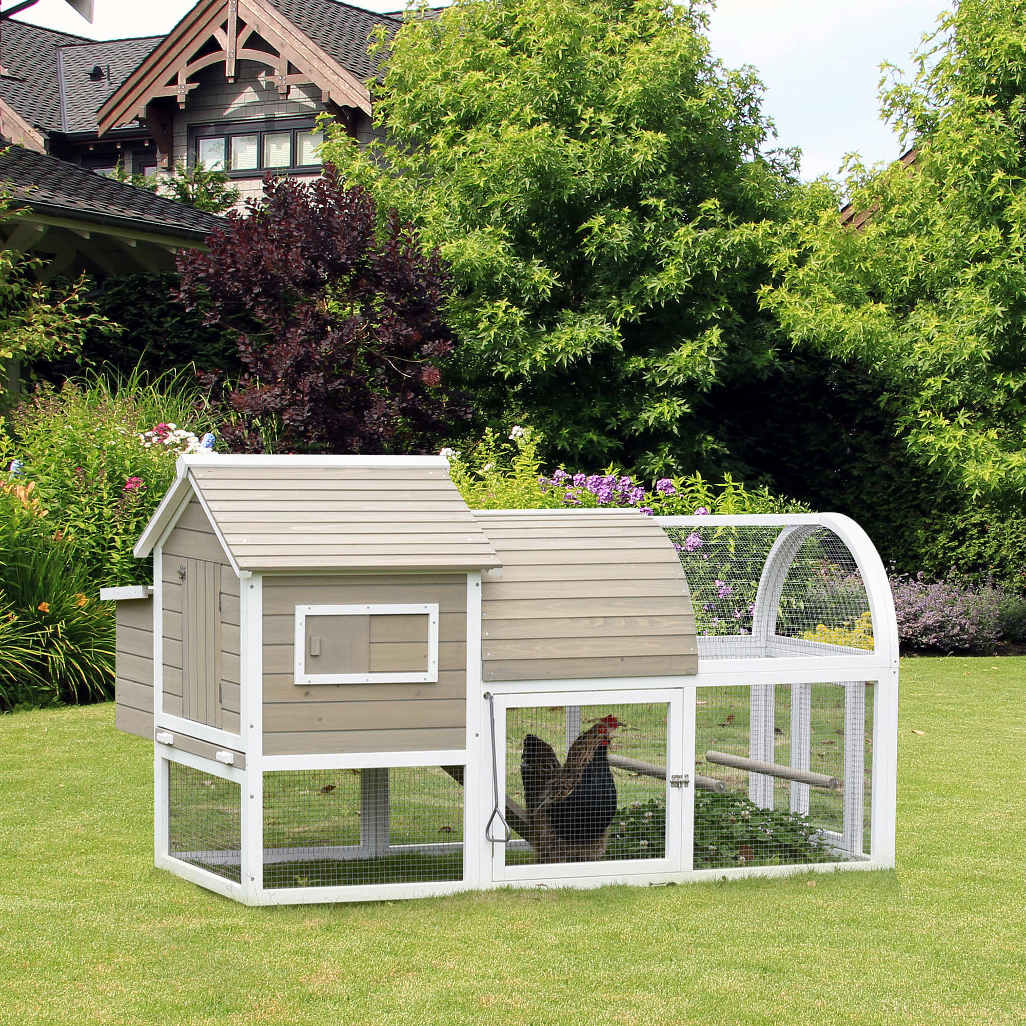 PawHut 66Inches Wooden Chicken Coop Outdoor Hen House Poultry Cage with Removable Tray Nesting Box, Grey