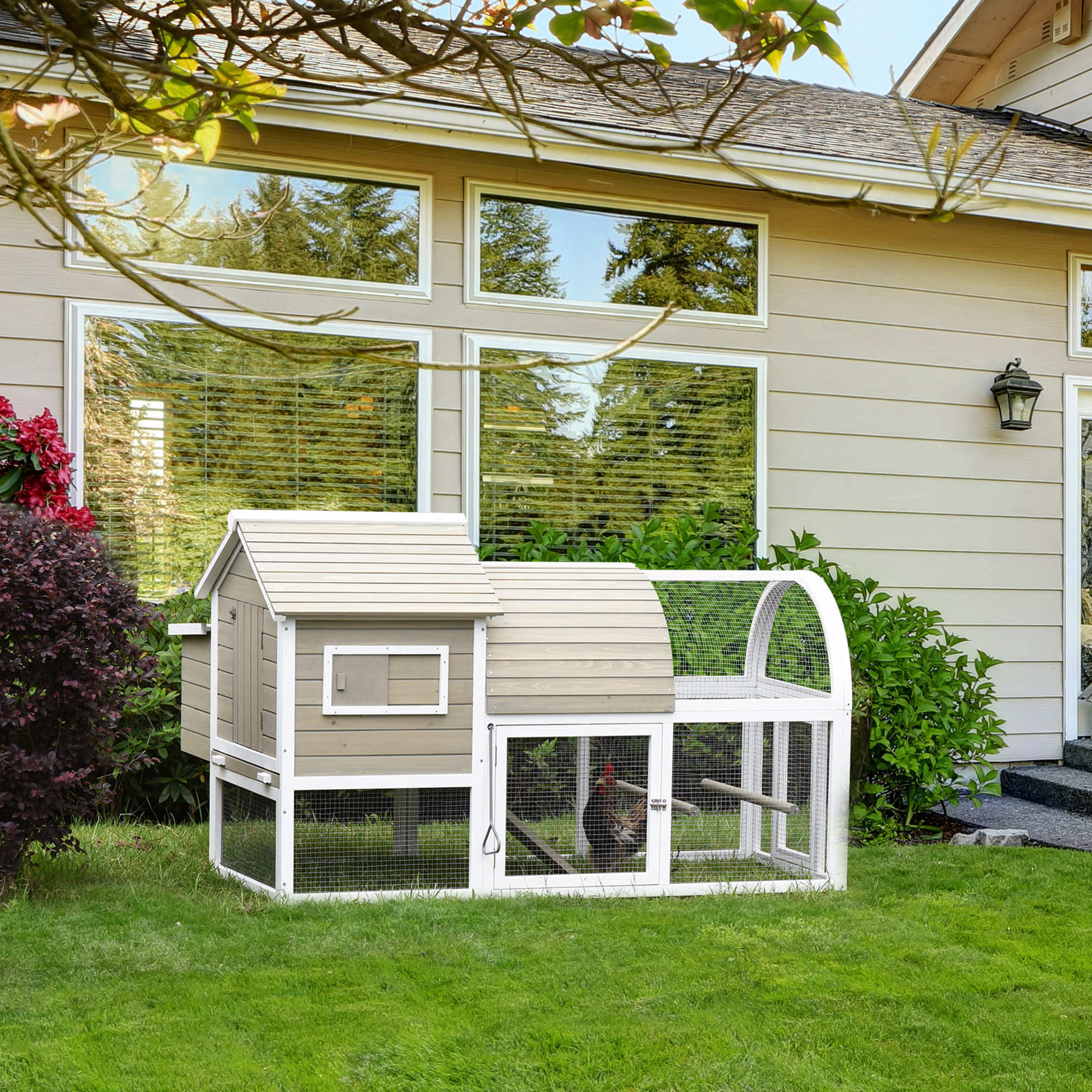 PawHut Chicken Coop with Run Outdoor Hen House Wooden Poultry Coops Cages with Removable Tray Nesting Box Grey 167.5 x 109 x 100cm