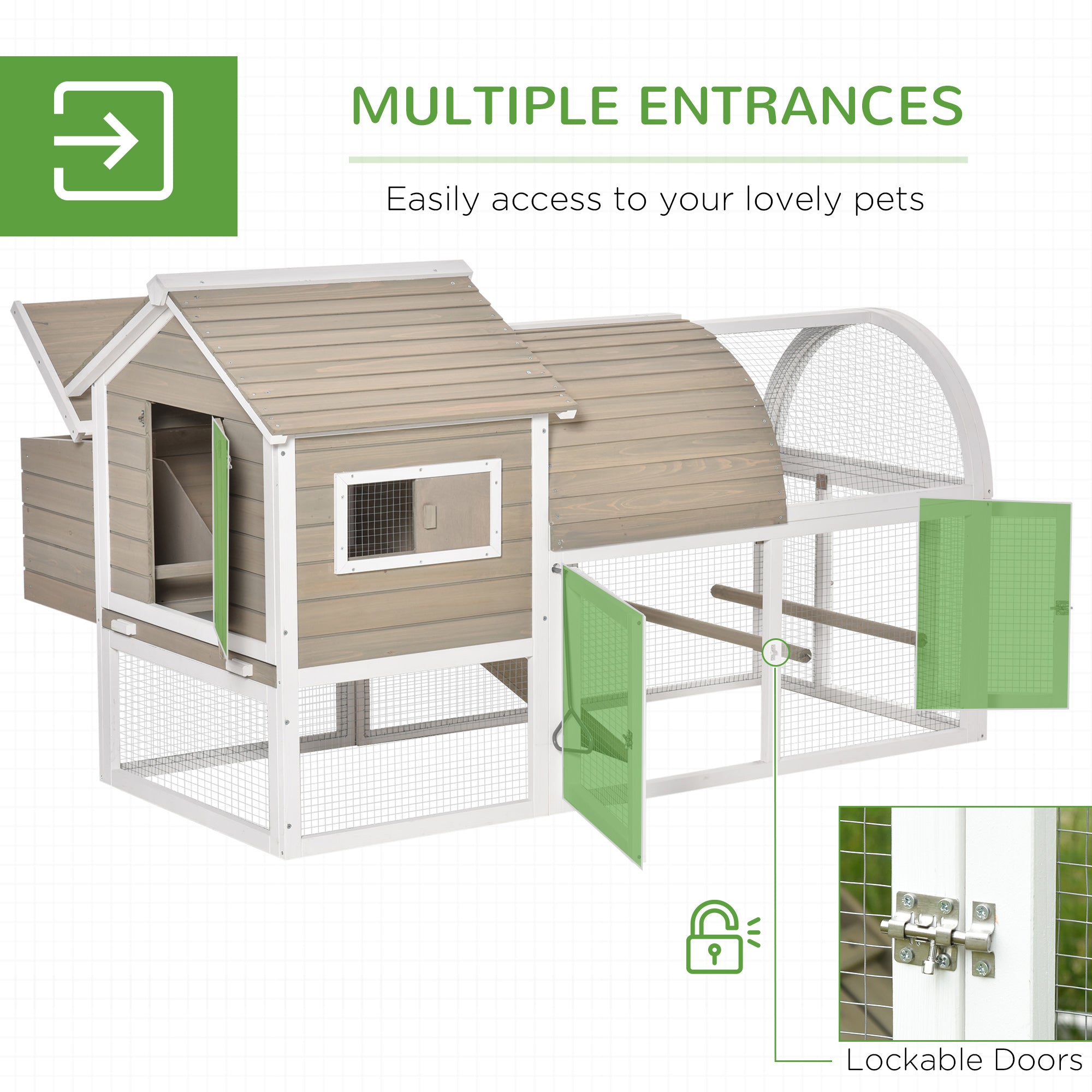 PawHut Chicken Coop with Run Outdoor Hen House Wooden Poultry Coops Cages with Removable Tray Nesting Box Grey 167.5 x 109 x 100cm