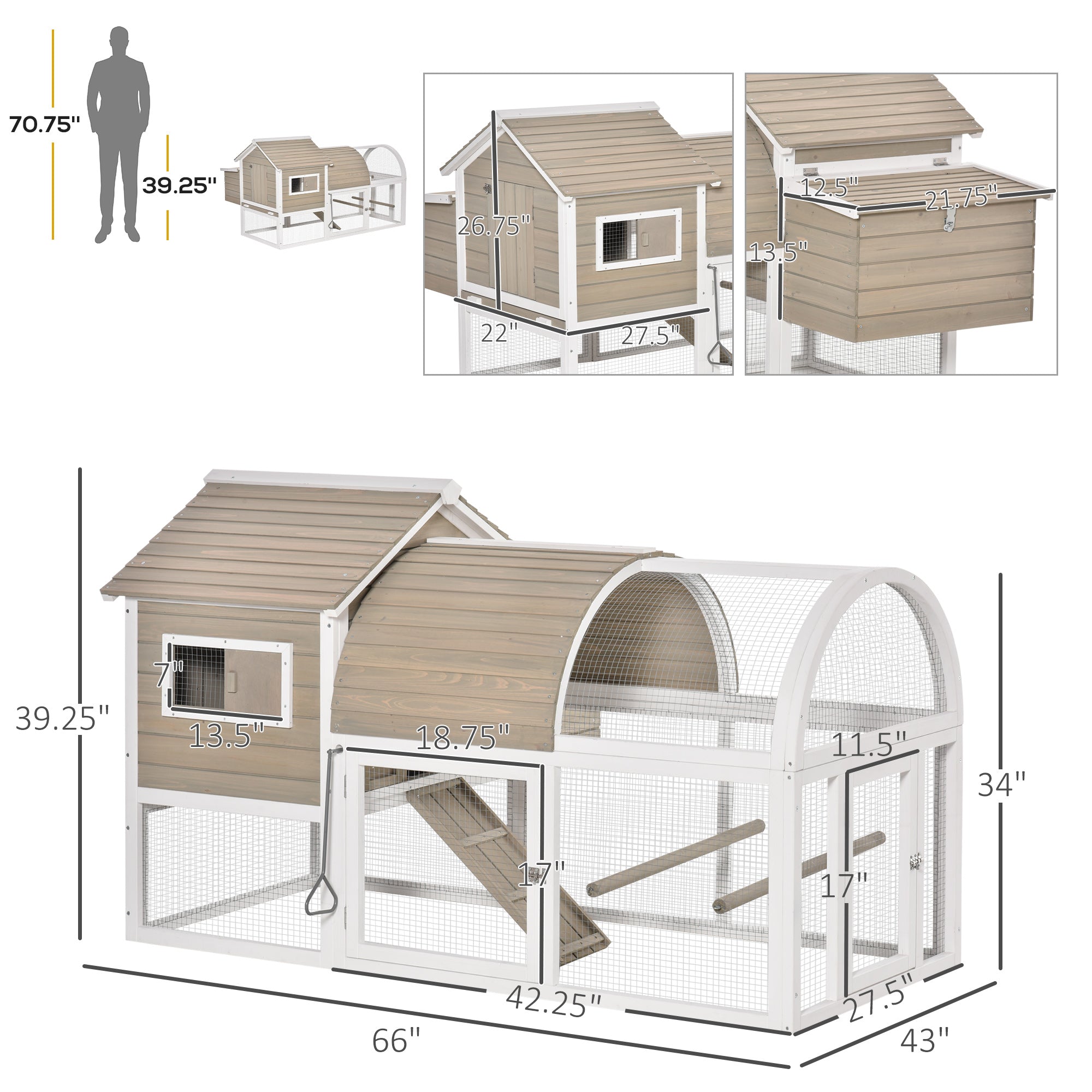PawHut 66Inches Wooden Chicken Coop Outdoor Hen House Poultry Cage with Removable Tray Nesting Box, Grey
