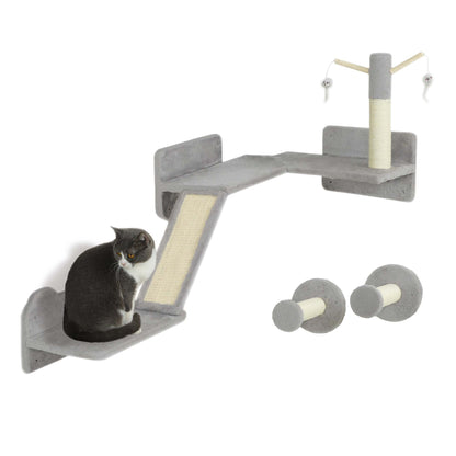 PawHut Cat Wall Furniture, 3 Piece Cat Shelves with Scratching Posts, Scratching Pads, Perches, Cat Wands, Toy Balls, Corner Design Cat Wall Shelves for Indoor Cats, Kittens, Light Grey