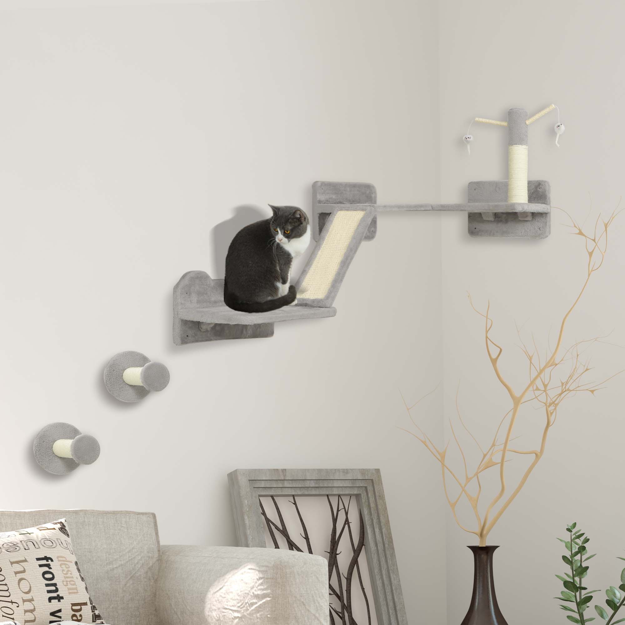 PawHut Cat Wall Furniture, 3 Piece Cat Shelves with Scratching Posts, Scratching Pads, Perches, Cat Wands, Toy Balls, Corner Design Cat Wall Shelves for Indoor Cats, Kittens, Light Grey