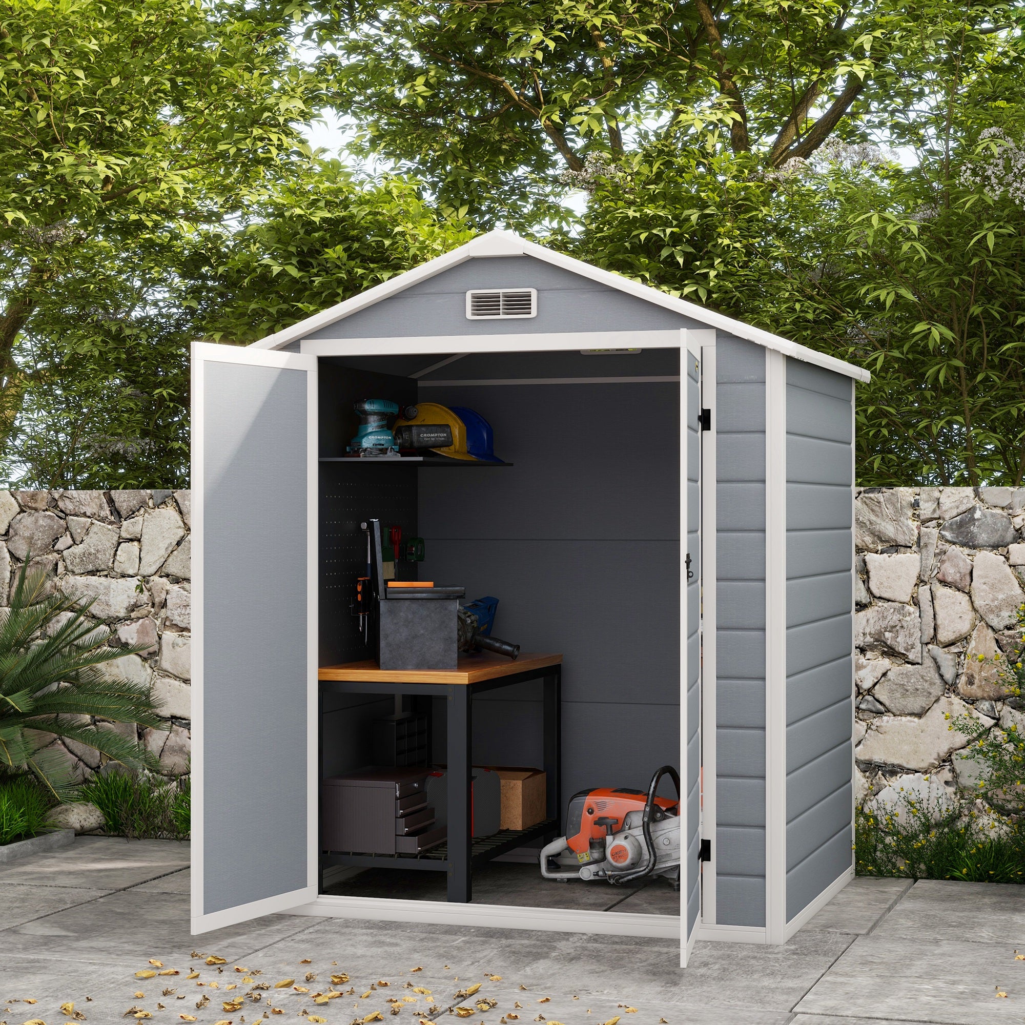 Outsunny 6' x 4.5' Outdoor Storage Shed, Lockable Plastic Garden Tool Storage House Organizer with Double Doors and Vents for Backyard, Patio, Lawn, Grey