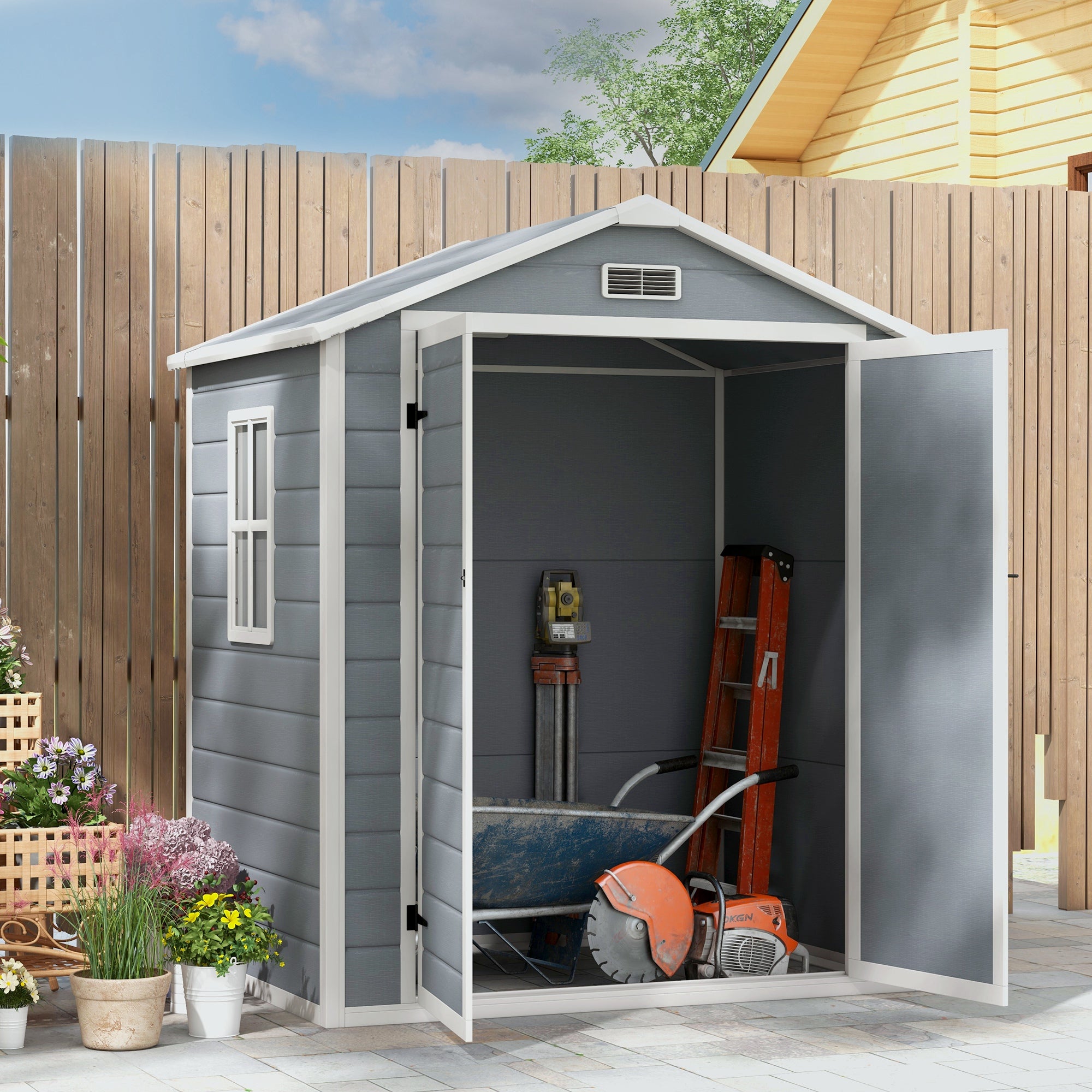 Outsunny 6' x 4.5' Outdoor Storage Shed, Lockable Plastic Garden Tool Storage House Organizer with Double Doors and Vents for Backyard, Patio, Lawn, Grey