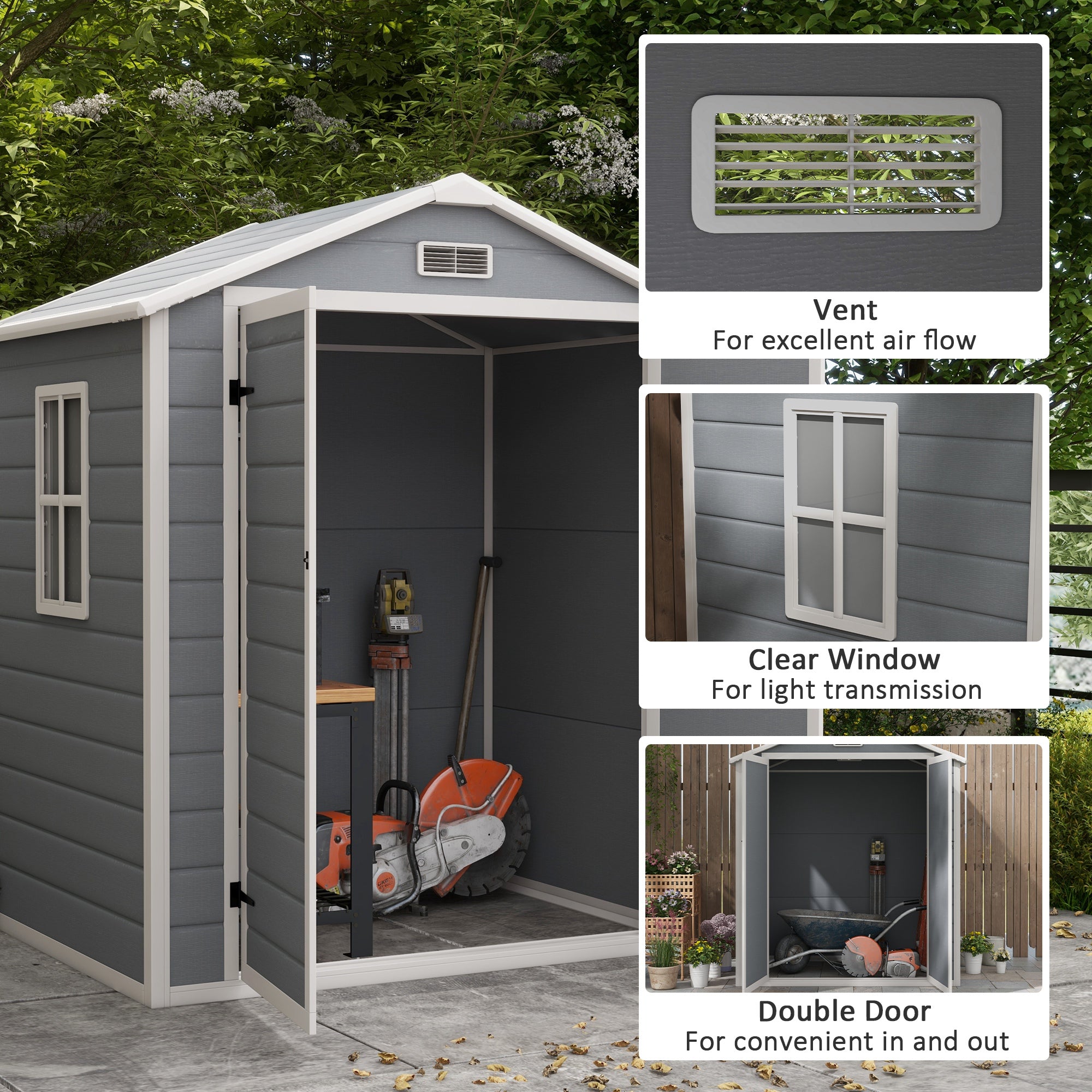 Outsunny 6' x 4.5' Outdoor Storage Shed, Lockable Plastic Garden Tool Storage House Organizer with Double Doors and Vents for Backyard, Patio, Lawn, Grey
