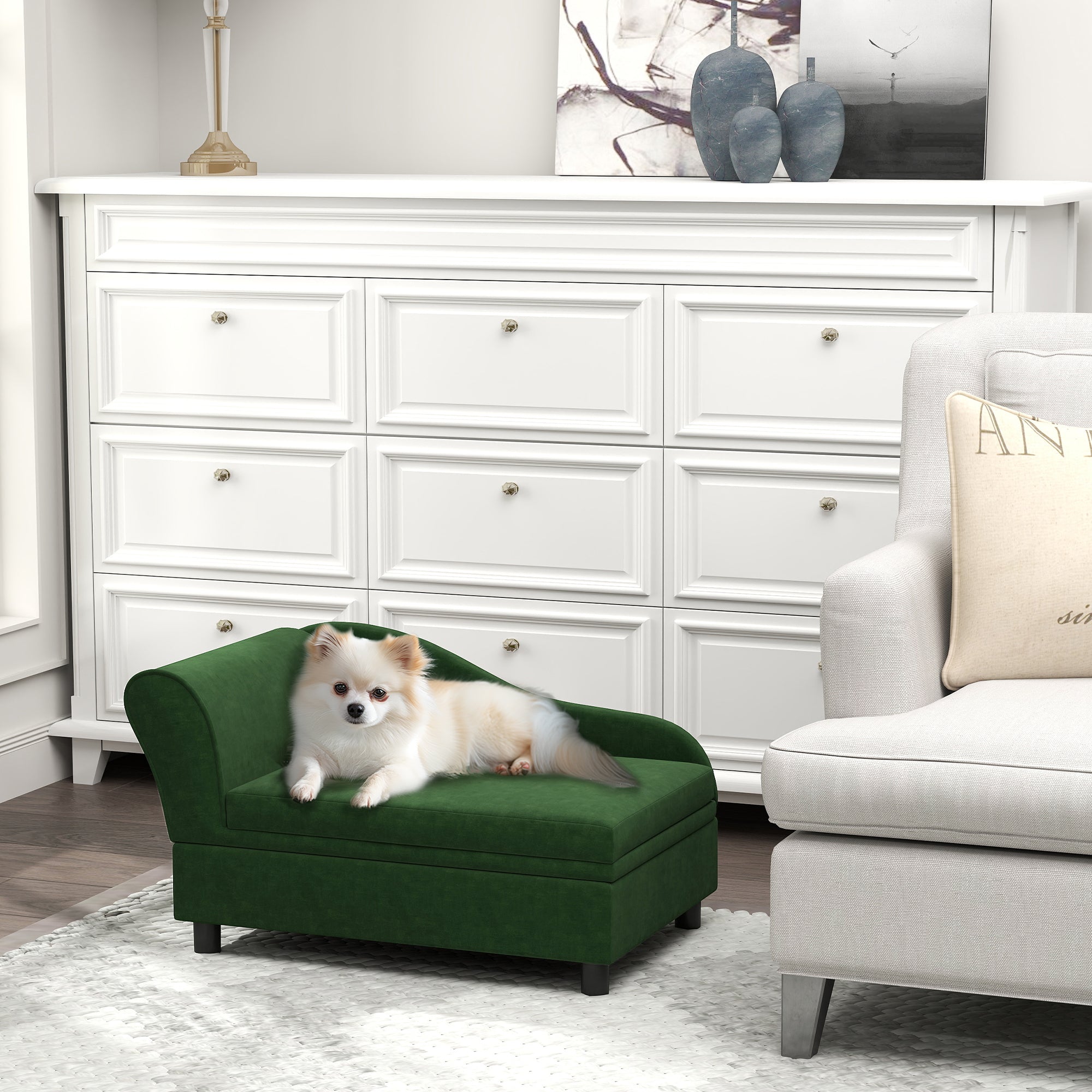 PawHut Luxury Fancy Dog Couch with Hidden Storage, Small Dog Sofa Bed with 2" Soft Foam, Modern Pet Furniture for Puppies & Little Breeds, Green
