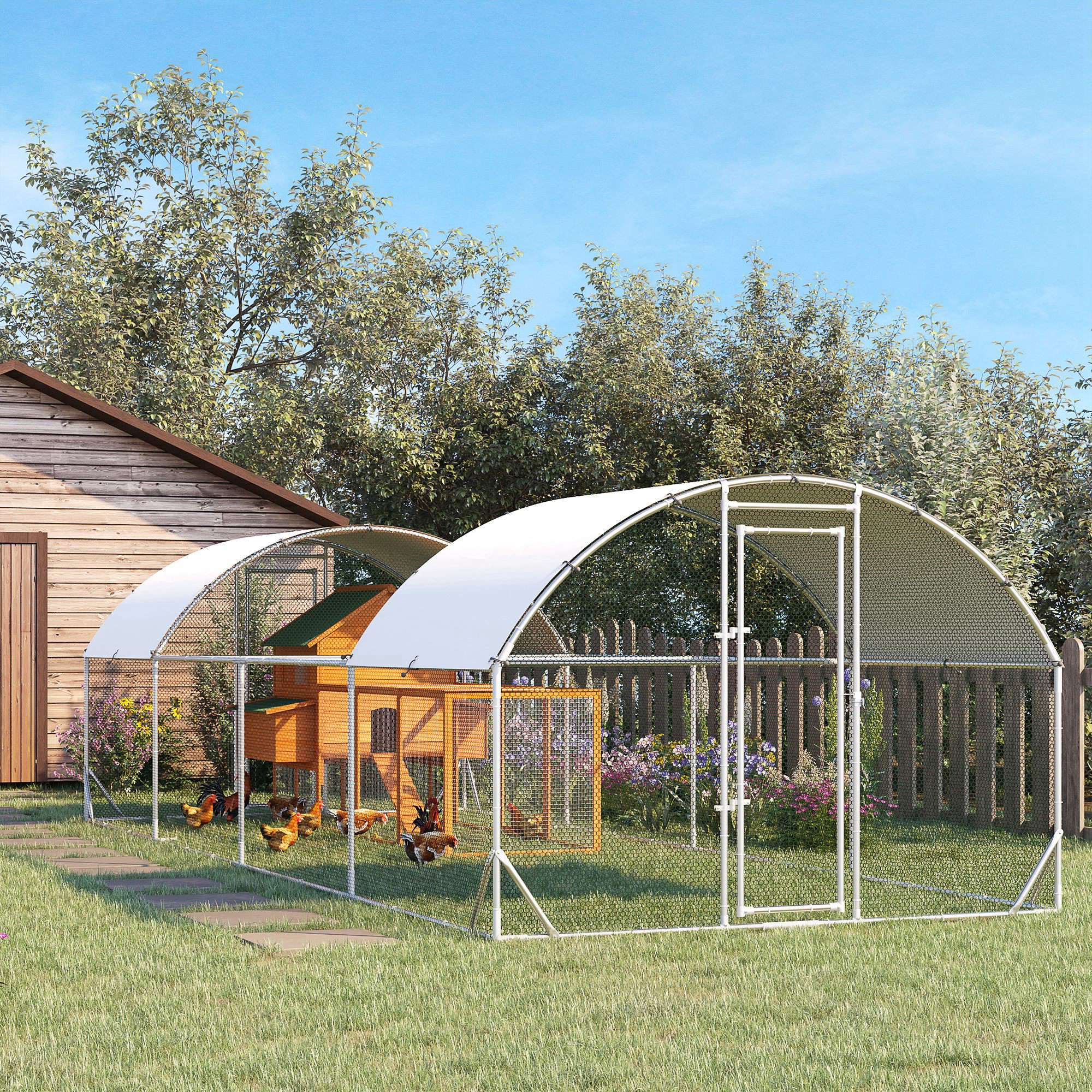 PawHut Chicken Run, 24.9' x 9.2' Metal Chicken Coop with Waterproof and Anti-UV Cover, Door for 20-24 Chickens, Ducks, Rabbits, Sliver