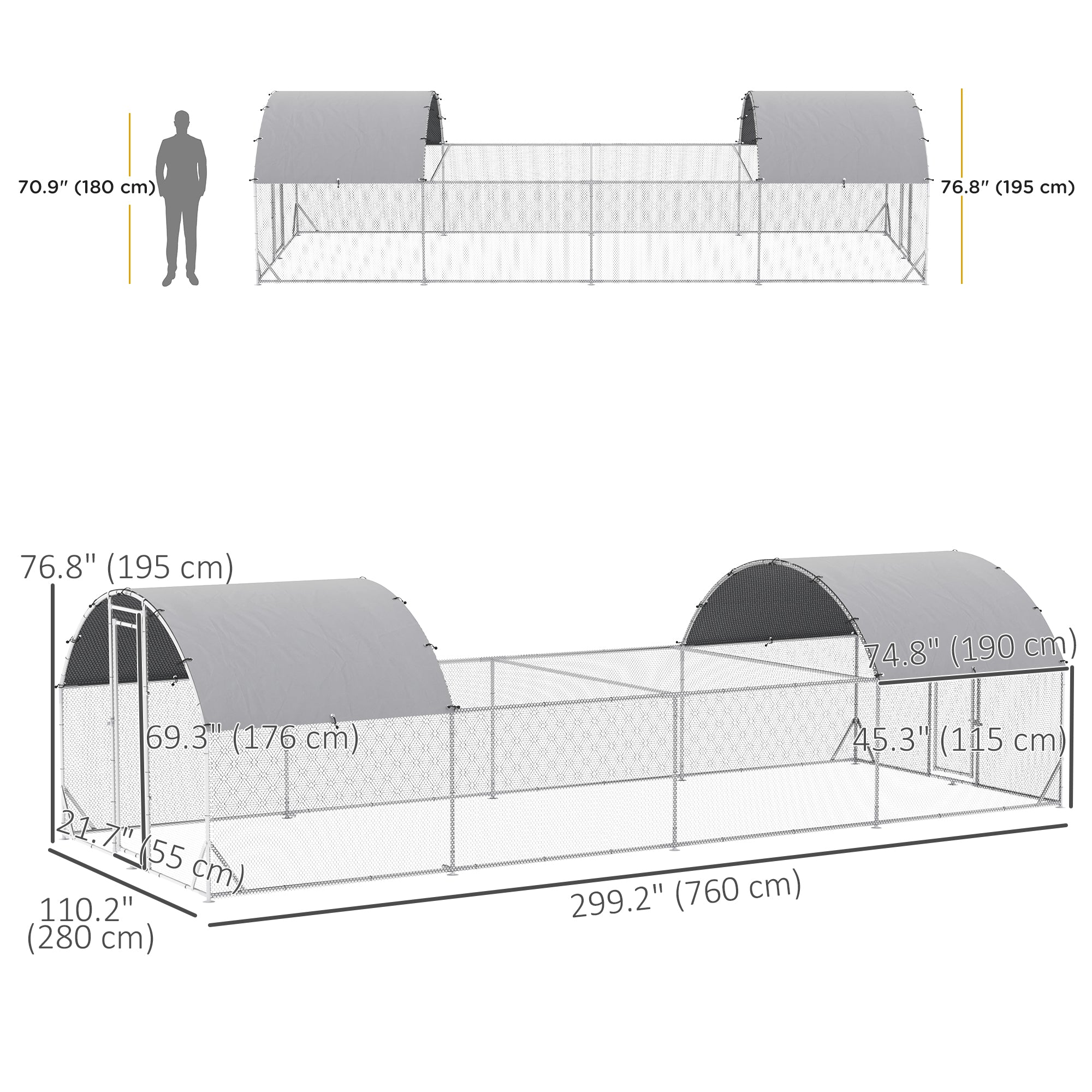 PawHut Chicken Run, 24.9' x 9.2' Metal Chicken Coop with Waterproof and Anti-UV Cover, Door for 20-24 Chickens, Ducks, Rabbits, Sliver