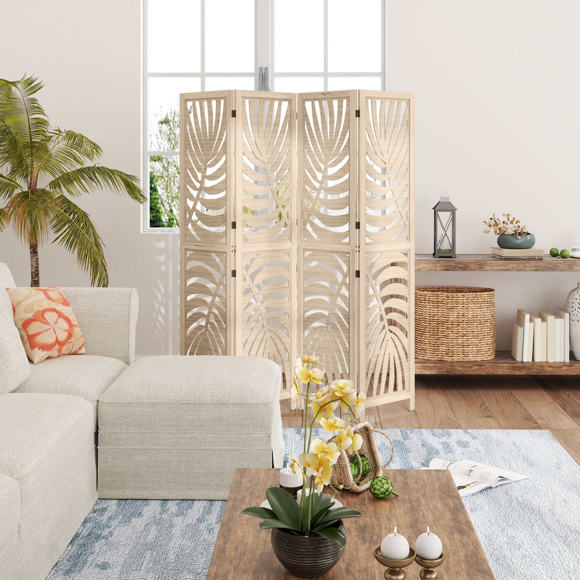 HOMCOM 4 Panel Room Divider, Detachable Portable Folding Privacy Screens, Freestanding Partition Wall Dividers with Palm Leaf Design for Home Office, Bedroom, Natural Wood Finish