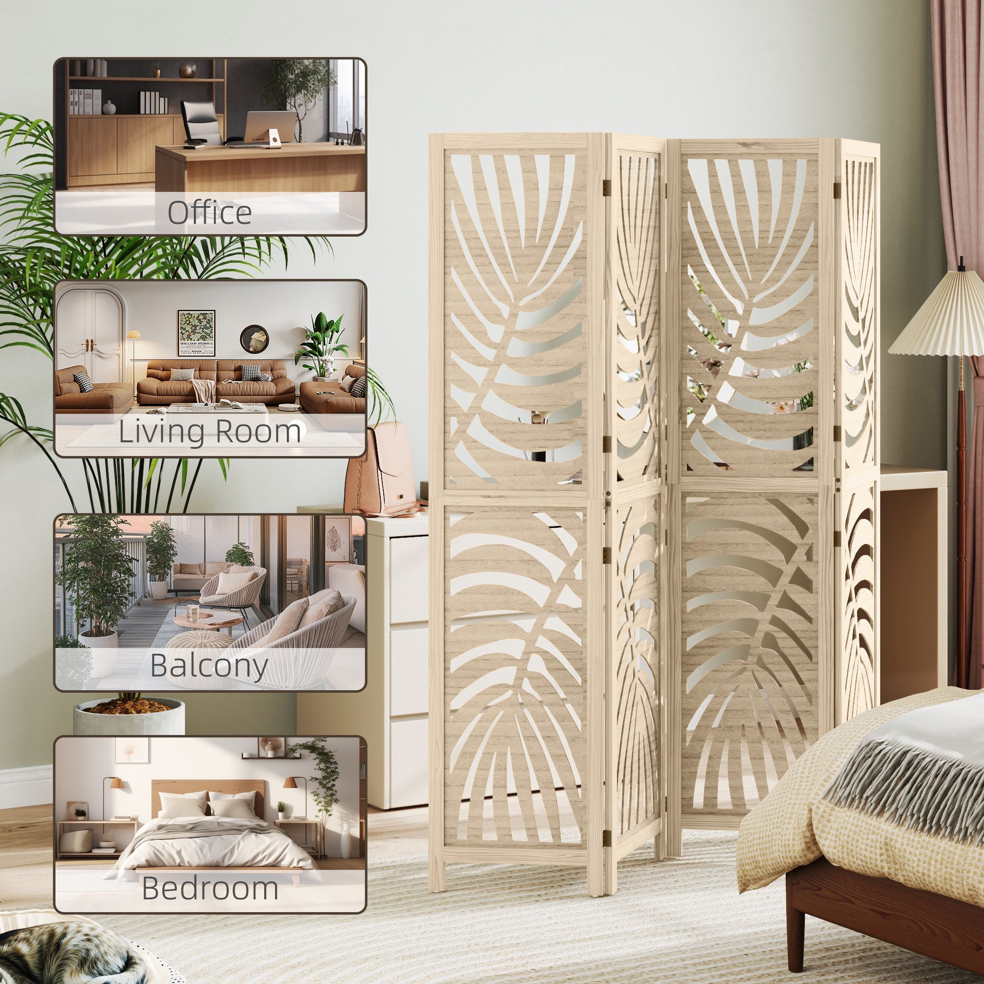 HOMCOM 4 Panel Room Divider, Detachable Portable Folding Privacy Screens, Freestanding Partition Wall Dividers with Palm Leaf Design for Home Office, Bedroom, Natural Wood Finish