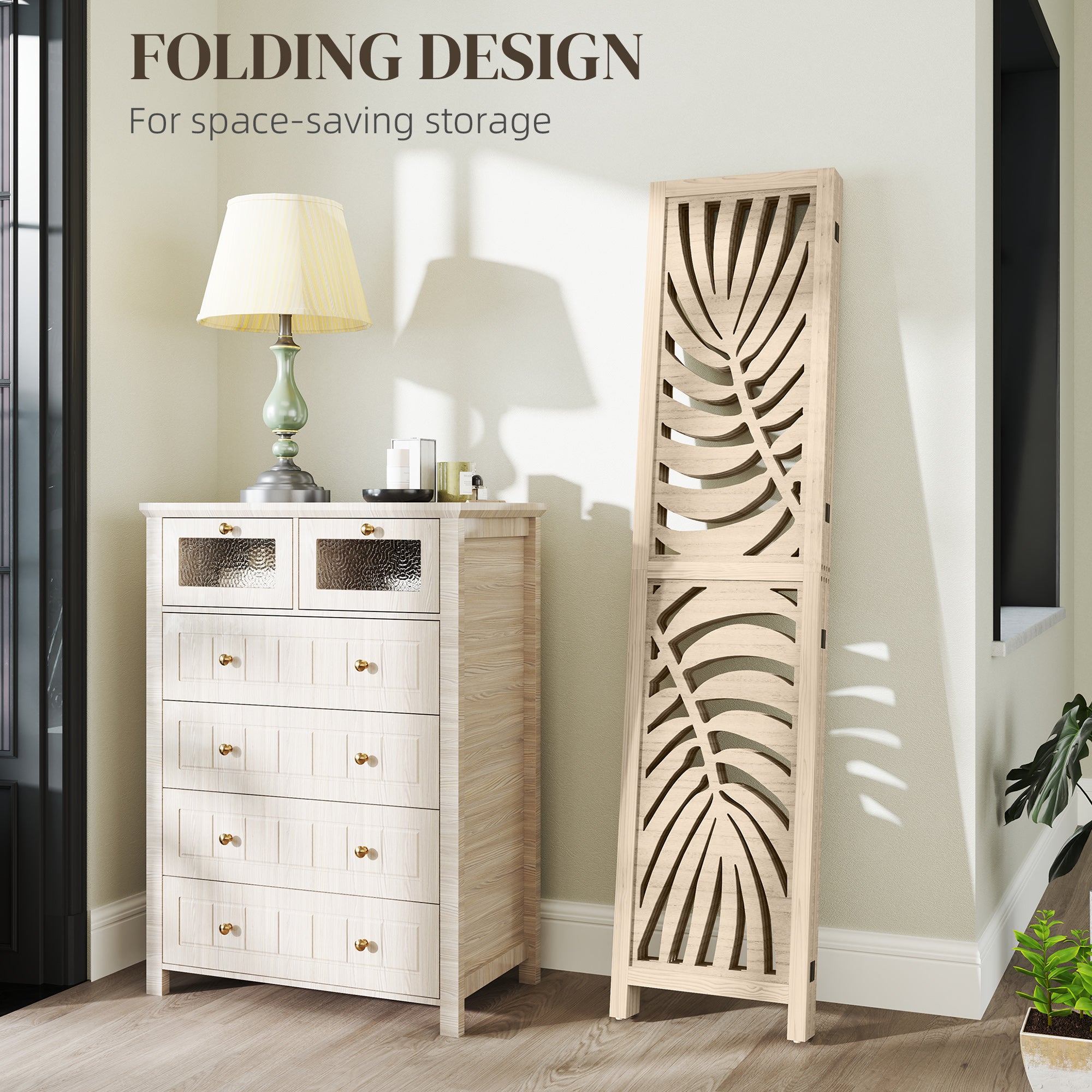HOMCOM 4 Panel Room Divider, Detachable Portable Folding Privacy Screens, Freestanding Partition Wall Dividers with Palm Leaf Design for Home Office, Bedroom, Natural Wood Finish