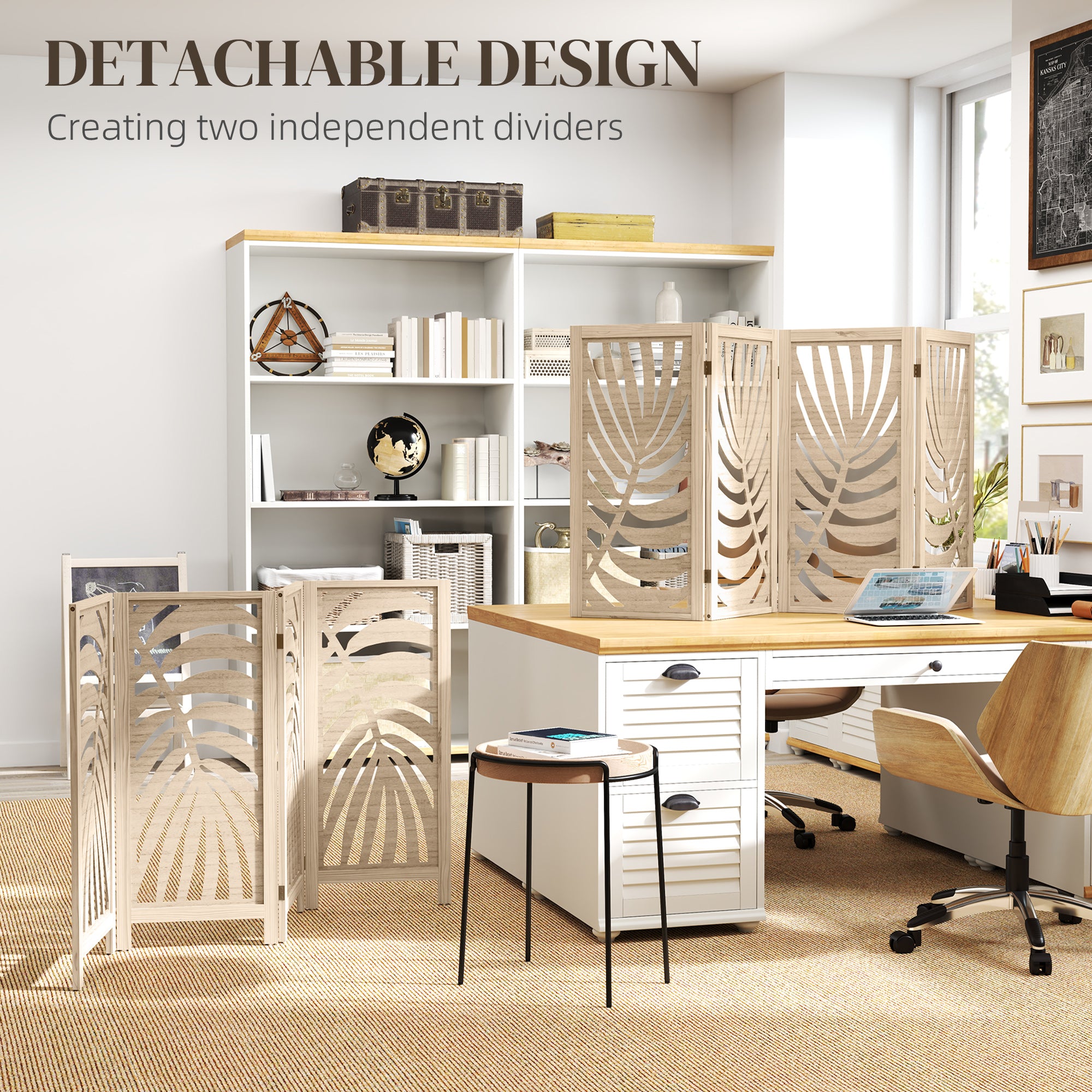 HOMCOM 4 Panel Room Divider, Detachable Portable Folding Privacy Screens, Freestanding Partition Wall Dividers with Palm Leaf Design for Home Office, Bedroom, Natural Wood Finish