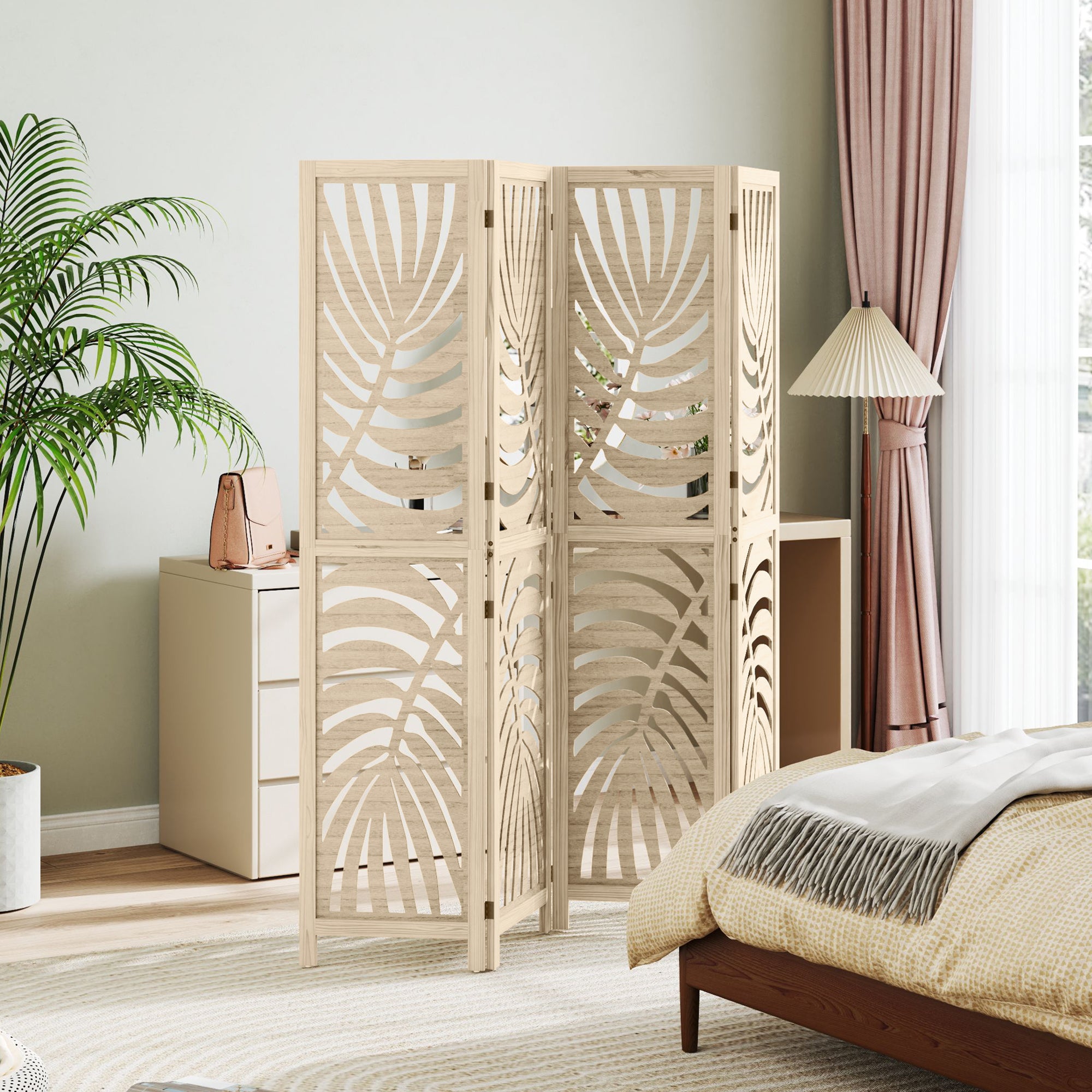 HOMCOM 4 Panel Room Divider, Detachable Portable Folding Privacy Screens, Freestanding Partition Wall Dividers with Palm Leaf Design for Home Office, Bedroom, Natural Wood Finish