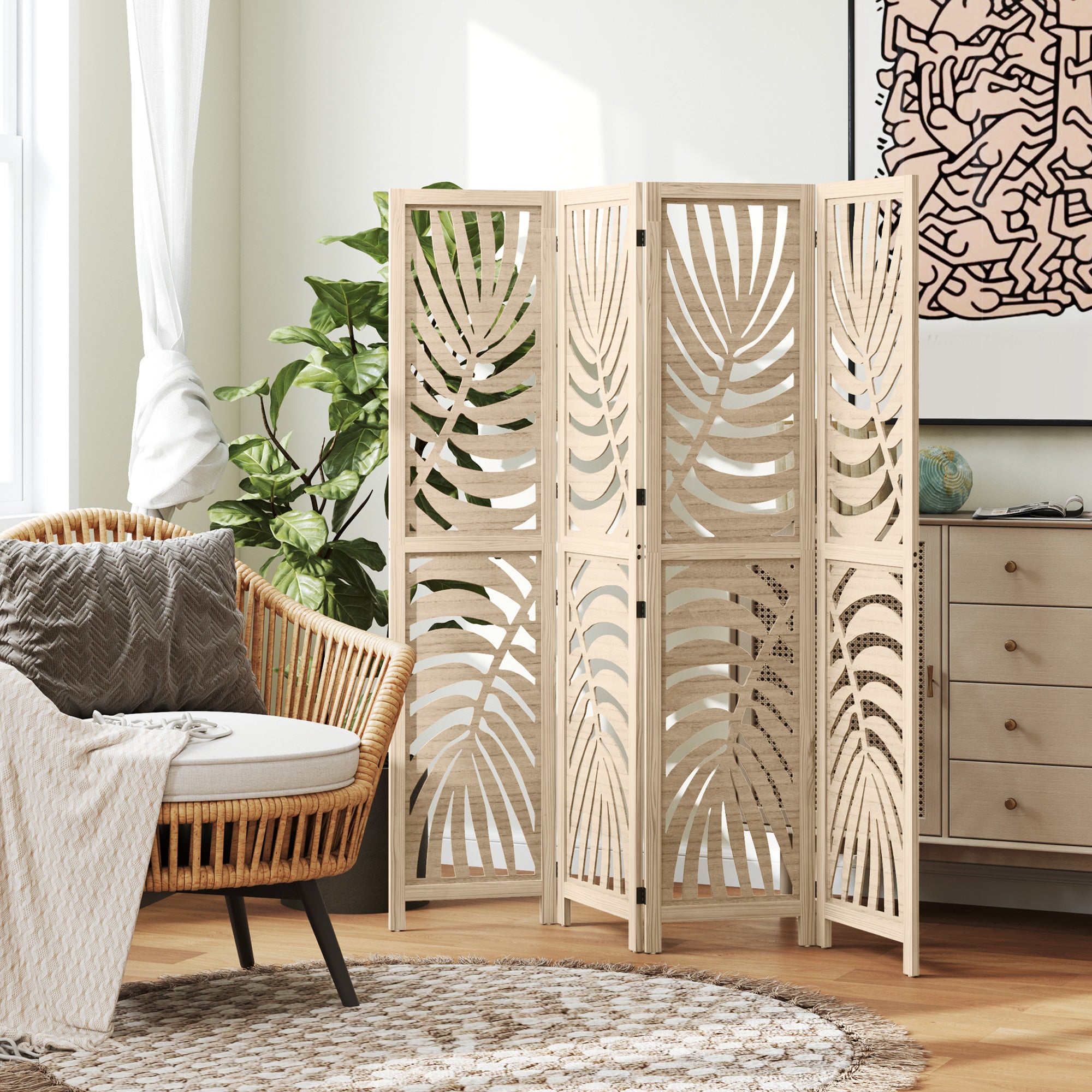 HOMCOM 4 Panel Room Divider, Detachable Portable Folding Privacy Screens, Freestanding Partition Wall Dividers with Palm Leaf Design for Home Office, Bedroom, Natural Wood Finish