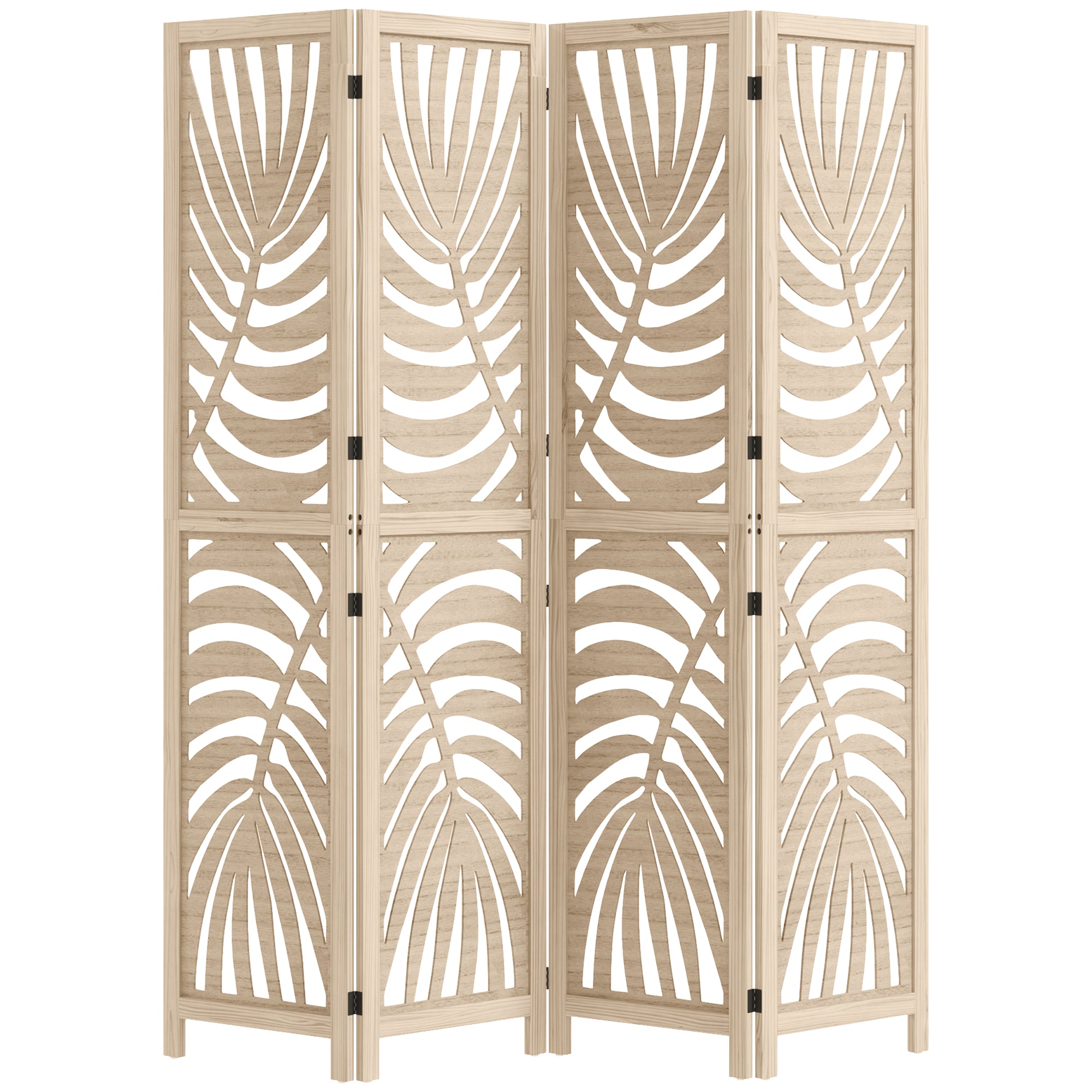 HOMCOM 4 Panel Room Divider, Detachable Portable Folding Privacy Screens, Freestanding Partition Wall Dividers with Palm Leaf Design for Home Office, Bedroom, Natural Wood Finish
