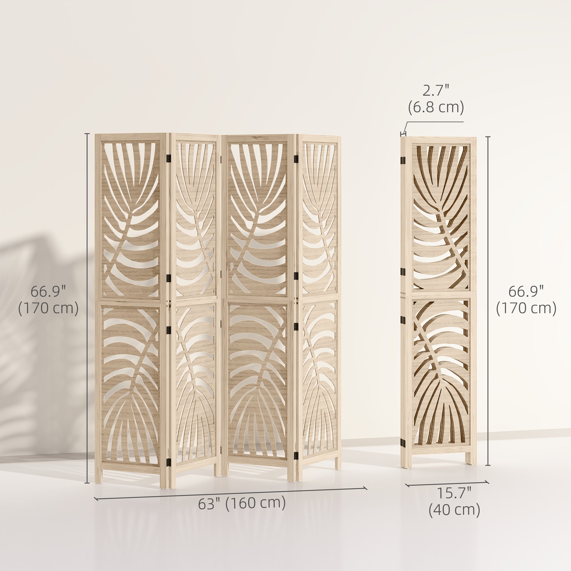 HOMCOM 4 Panel Room Divider, Detachable Portable Folding Privacy Screens, Freestanding Partition Wall Dividers with Palm Leaf Design for Home Office, Bedroom, Natural Wood Finish