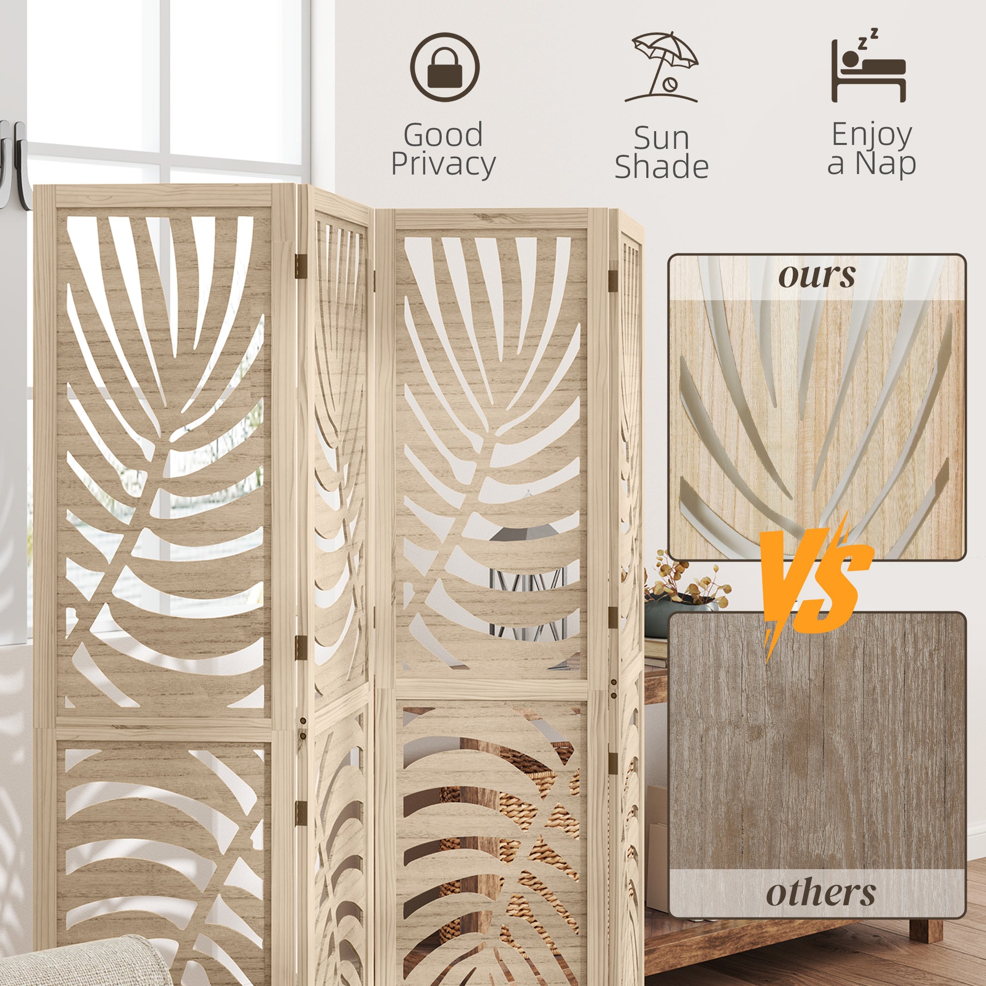 HOMCOM 4 Panel Room Divider, Detachable Portable Folding Privacy Screens, Freestanding Partition Wall Dividers with Palm Leaf Design for Home Office, Bedroom, Natural Wood Finish