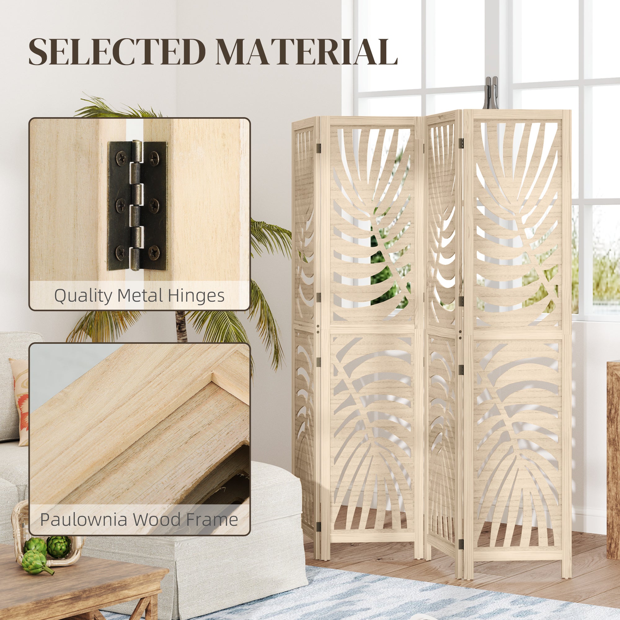 HOMCOM 4 Panel Room Divider, Detachable Portable Folding Privacy Screens, Freestanding Partition Wall Dividers with Palm Leaf Design for Home Office, Bedroom, Natural Wood Finish