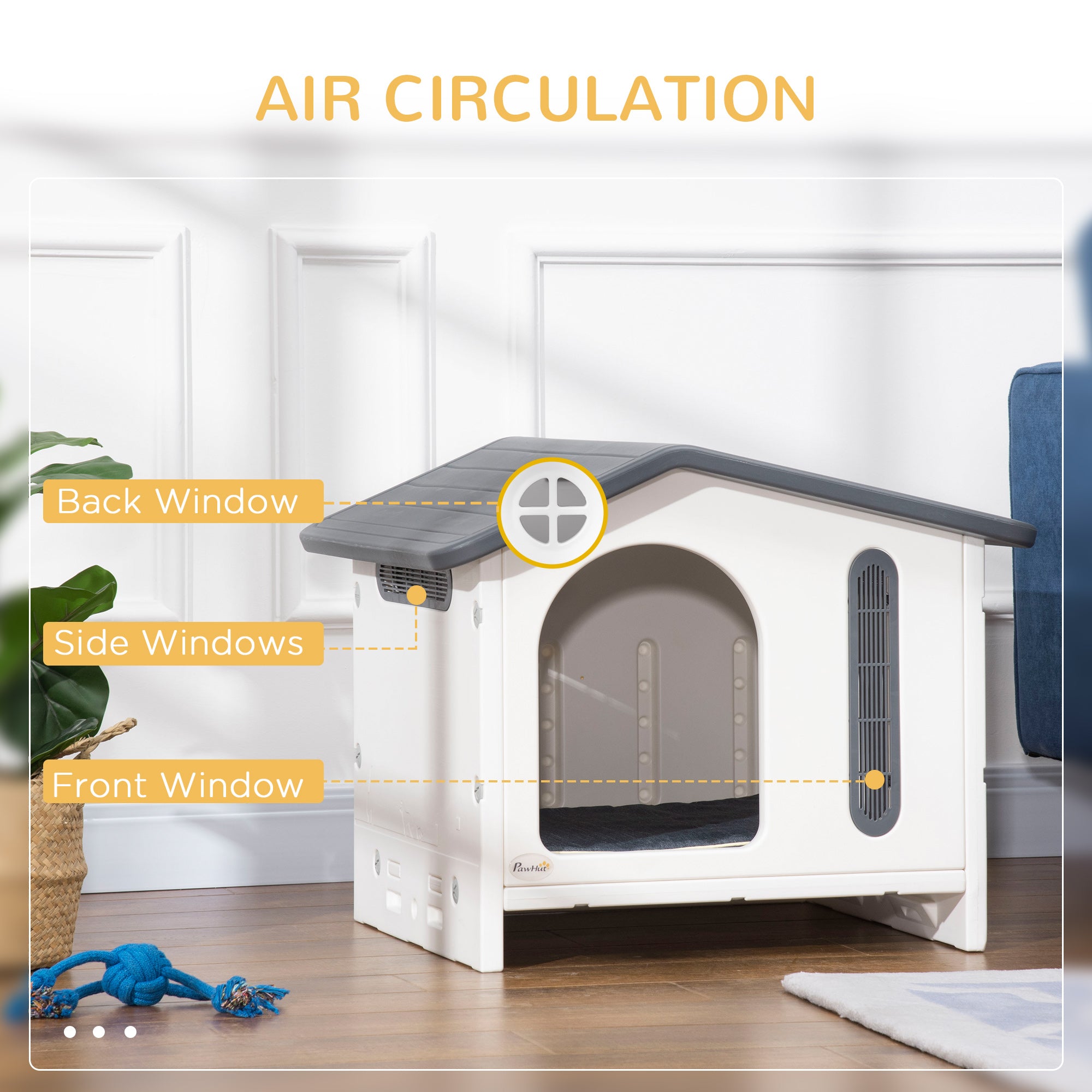 PawHut Plastic Dog House with Air Vents, Small Dog House with Door Opening, Elevated Floor, Bowl Holder, 2 Bowls, Soft Washable Cushion, for Small Sized Dogs, White