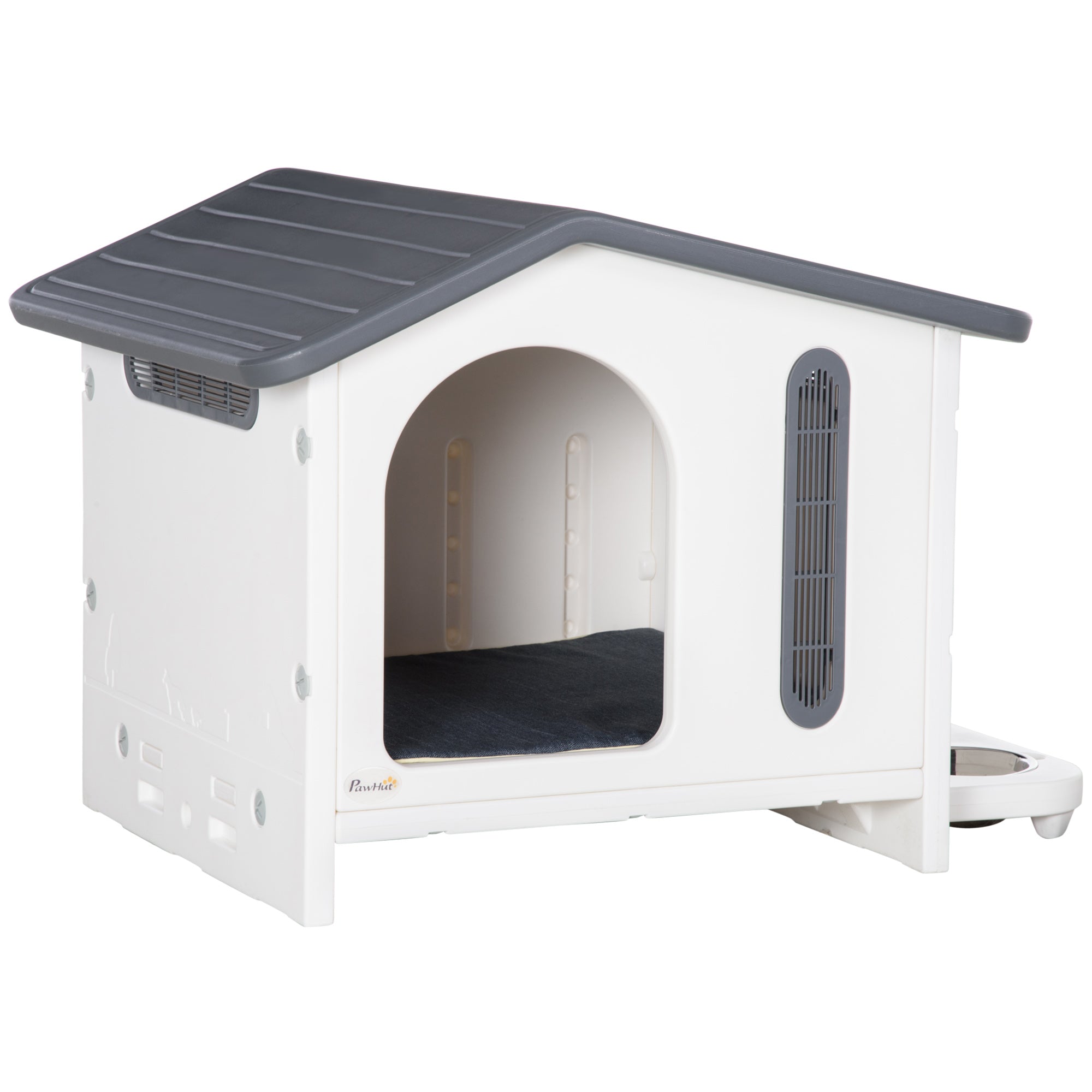PawHut Plastic Dog House with Air Vents, Small Dog House with Door Opening, Elevated Floor, Bowl Holder, 2 Bowls, Soft Washable Cushion, for Small Sized Dogs, White