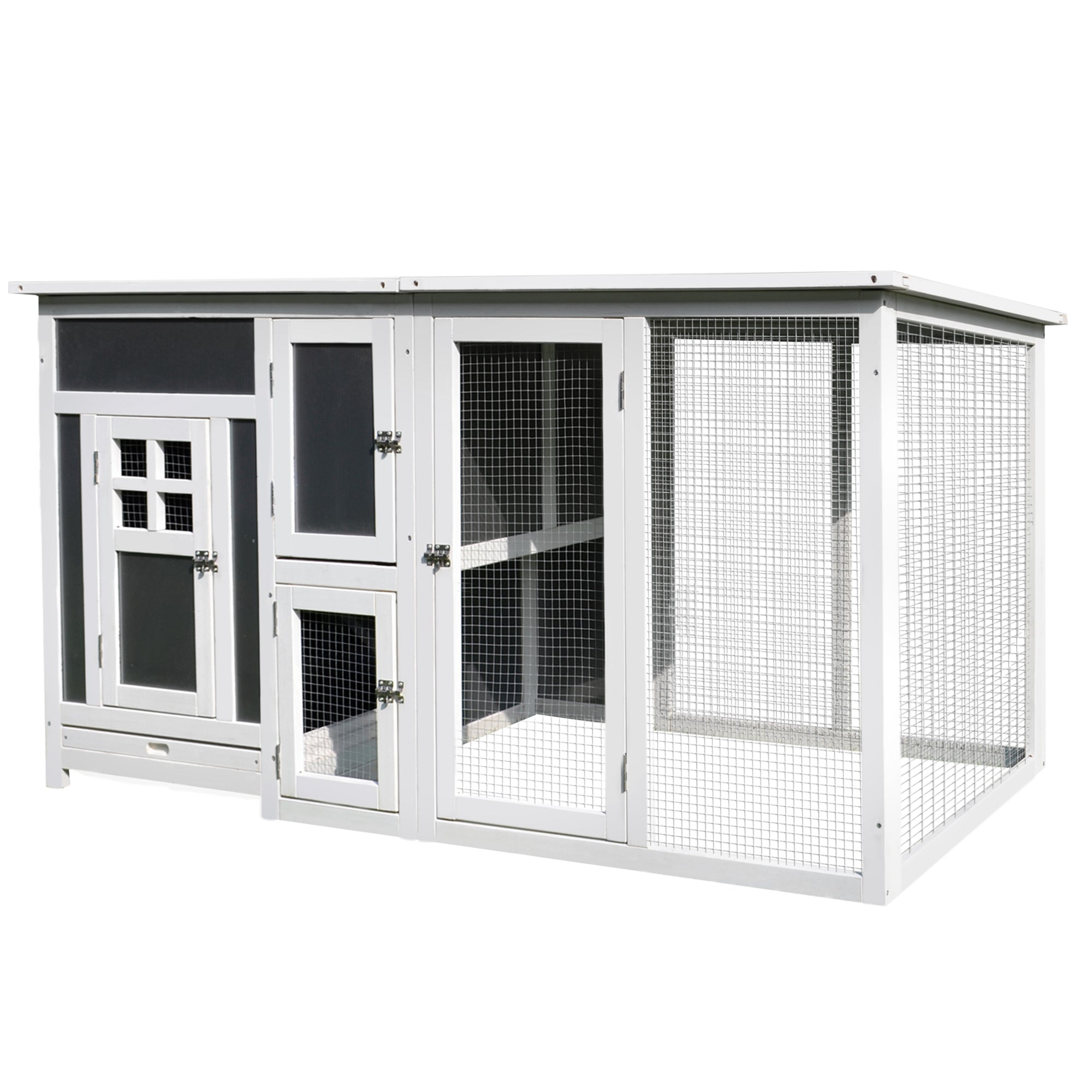 PawHut 63" Chicken Coop Wooden Hen House Rabbit Hutch Poultry Cage Pen Outdoor Backyard with Nesting Box and Run Small Animal Cage PC Roof Grey