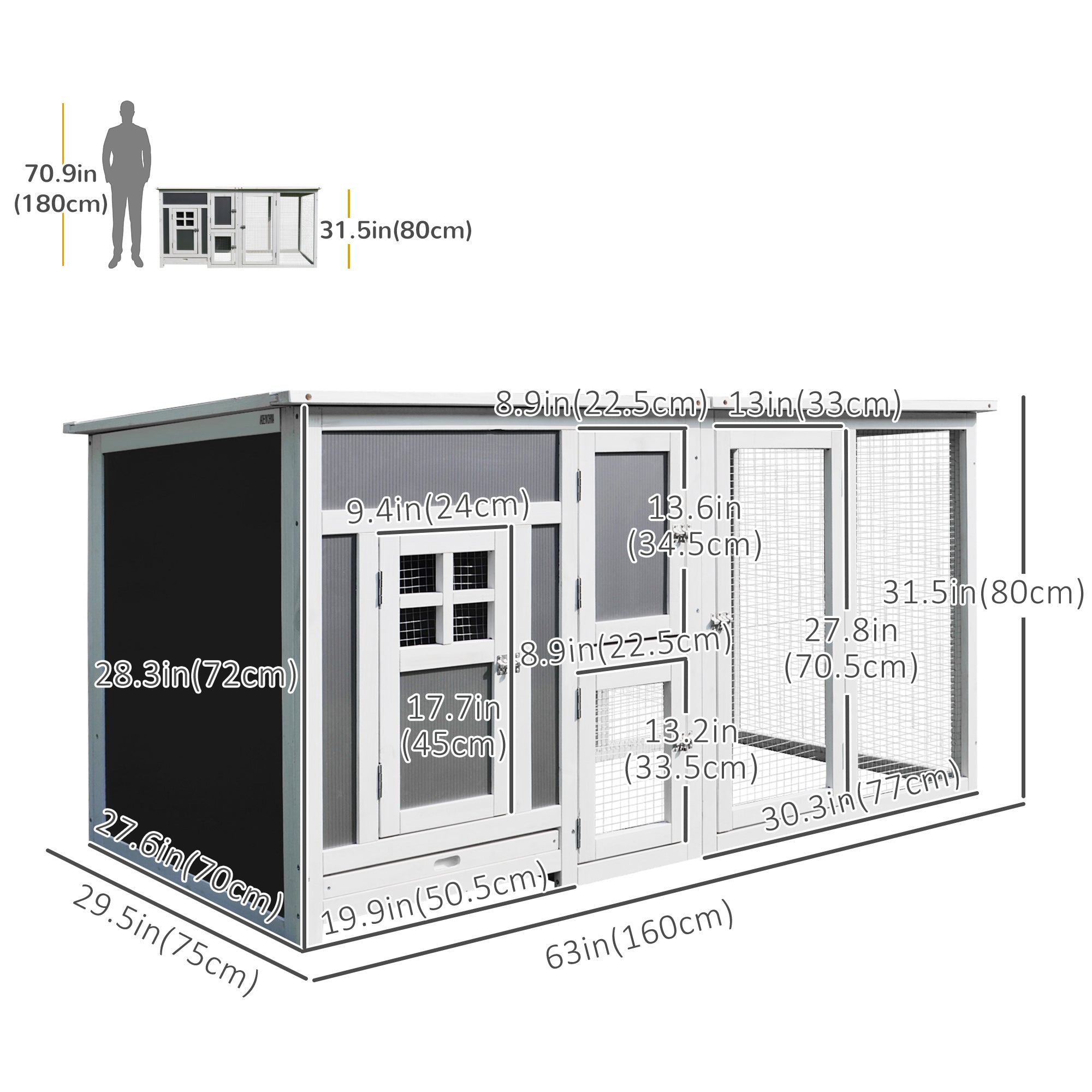 PawHut 63" Chicken Coop Wooden Hen House Rabbit Hutch Poultry Cage Pen Outdoor Backyard with Nesting Box and Run Small Animal Cage PC Roof Grey