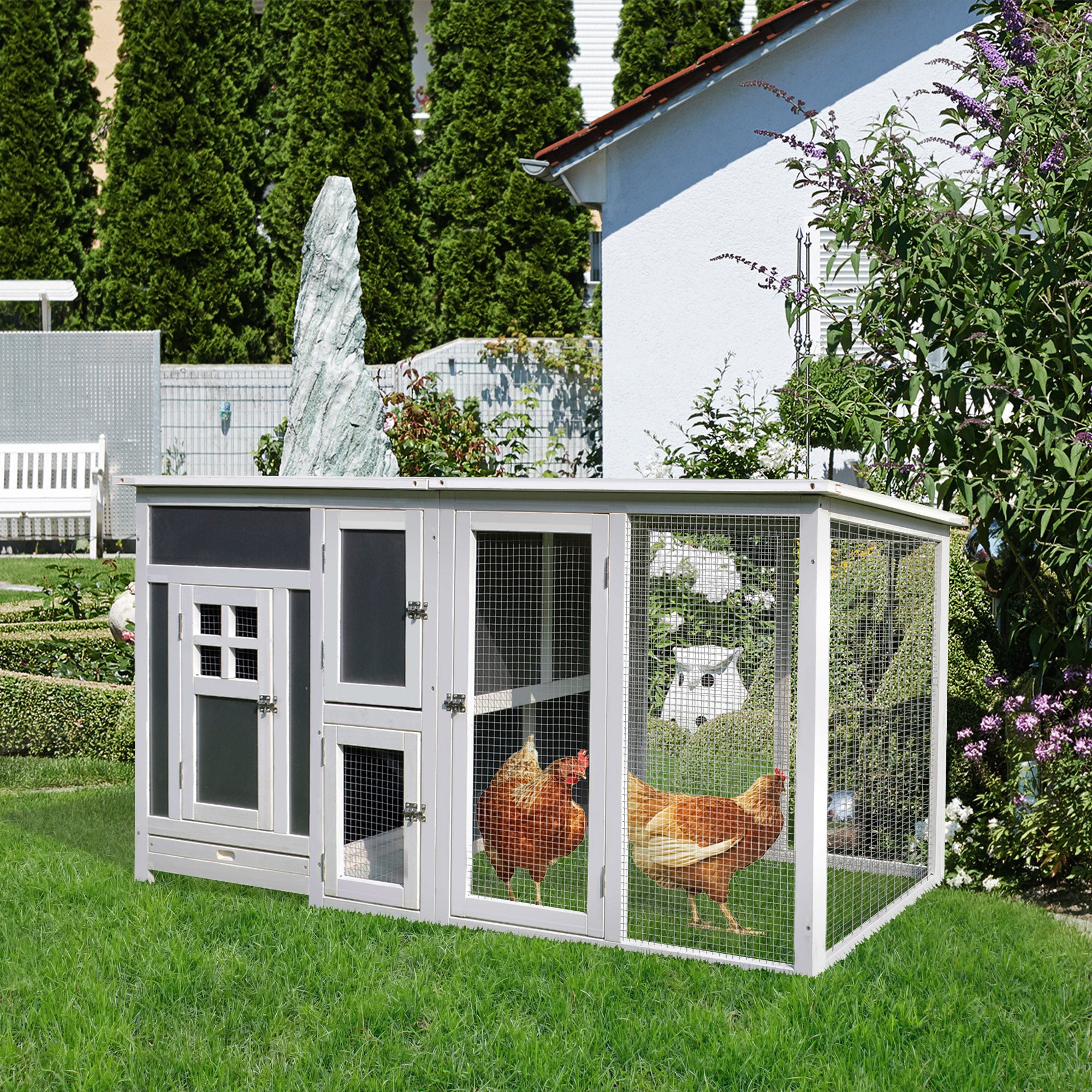 PawHut Wood Chicken Coop Hutch Hen House Cage PC Roof w/ Run Nest Box Deluxe 160 x 75 x 80 cm