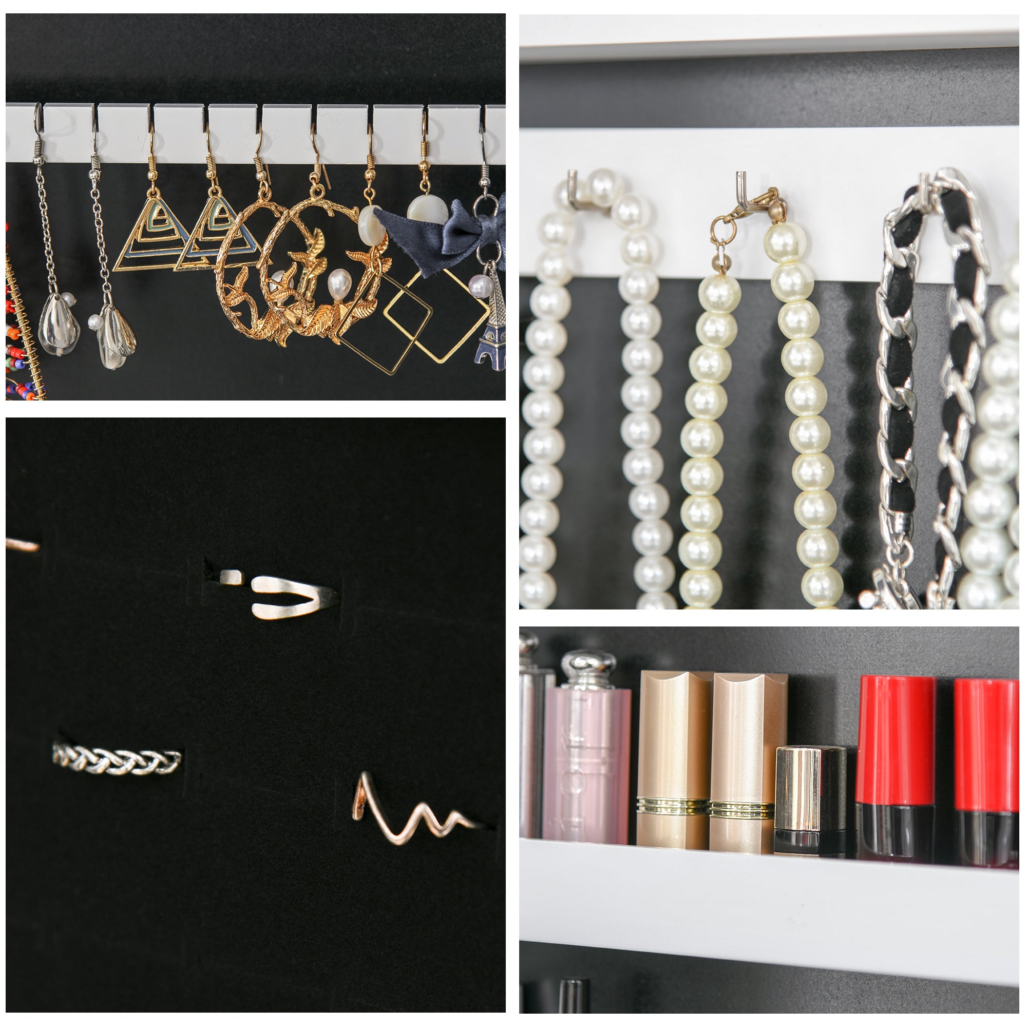 HOMCOM Lighted Mirrored Jewelry Cabinet Floor Free Standing Armoire Organizer Storage Necklaces Bracelets Rings Earrings Angle Adjustable w/16 LED Lights Warm White
