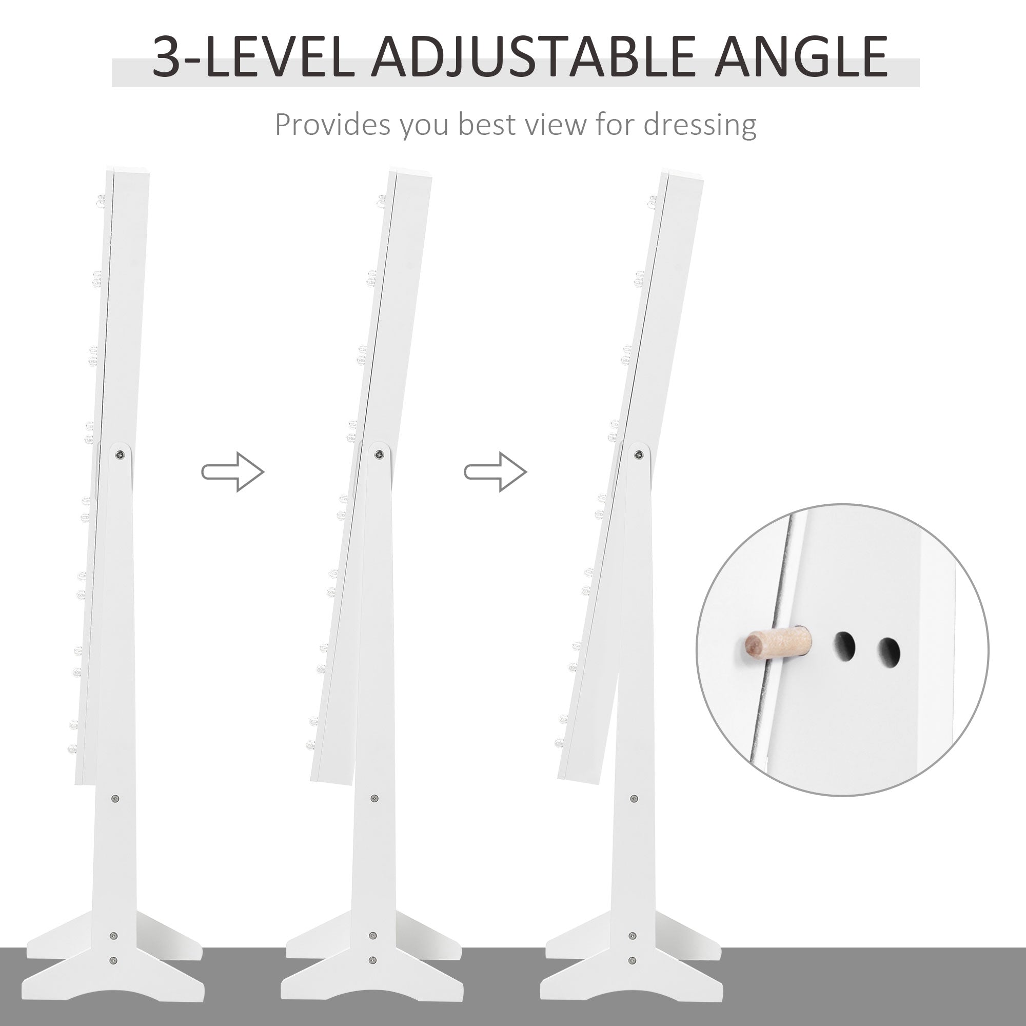 HOMCOM Lighted Mirrored Jewelry Cabinet Floor Free Standing Armoire Organizer Storage Necklaces Bracelets Rings Earrings Angle Adjustable w/16 LED Lights Warm White