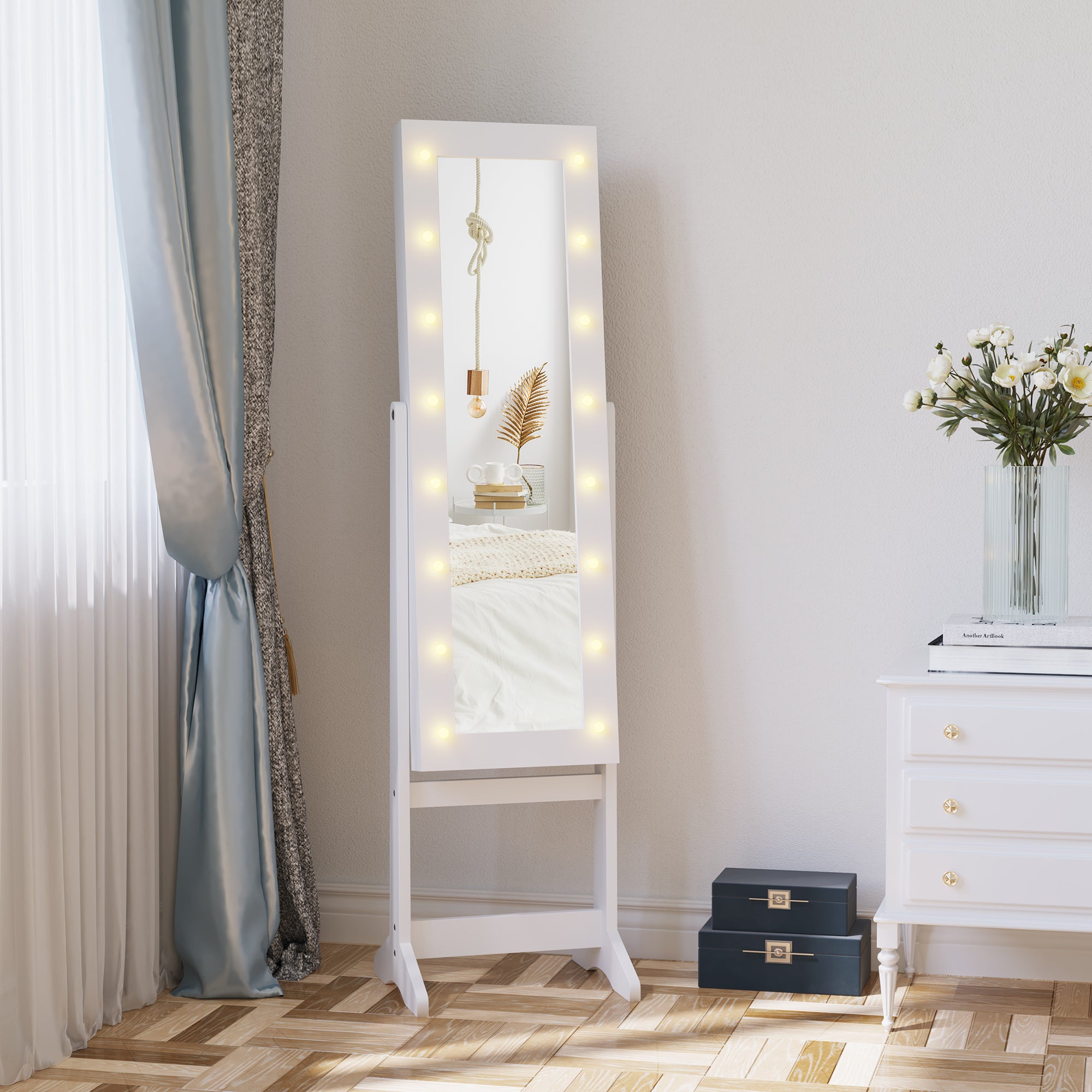 HOMCOM Lighted Mirrored Jewelry Cabinet Floor Free Standing Armoire Organizer Storage Necklaces Bracelets Rings Earrings Angle Adjustable w/16 LED Lights Warm White