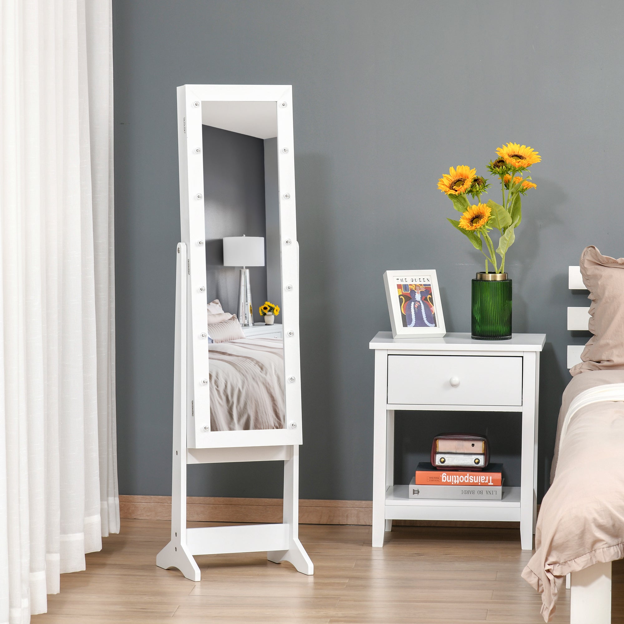 HOMCOM Lighted Mirrored Jewelry Cabinet Floor Free Standing Armoire Organizer Storage Necklaces Bracelets Rings Earrings Angle Adjustable w/16 LED Lights Warm White