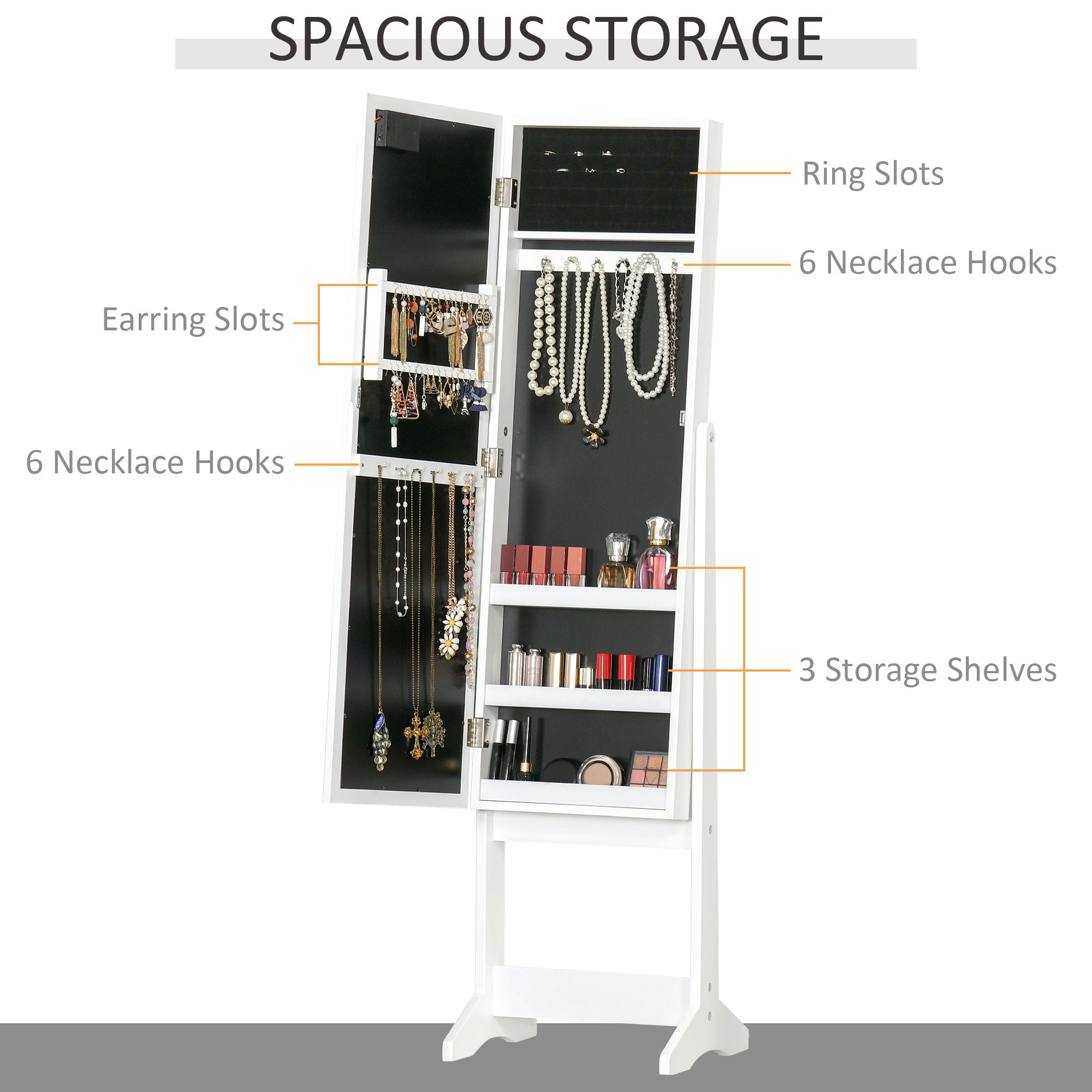 HOMCOM Lighted Mirrored Jewelry Cabinet Floor Free Standing Armoire Organizer Storage Necklaces Bracelets Rings Earrings Angle Adjustable w/16 LED Lights Warm White