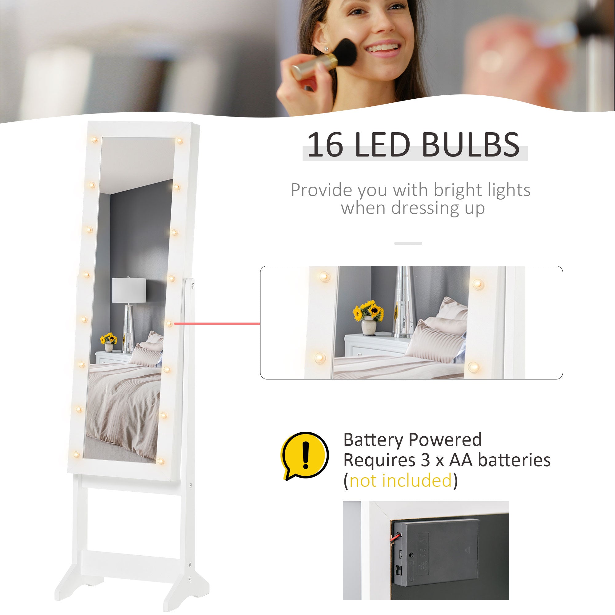 HOMCOM Lighted Mirrored Jewelry Cabinet Floor Free Standing Armoire Organizer Storage Necklaces Bracelets Rings Earrings Angle Adjustable w/16 LED Lights Warm White