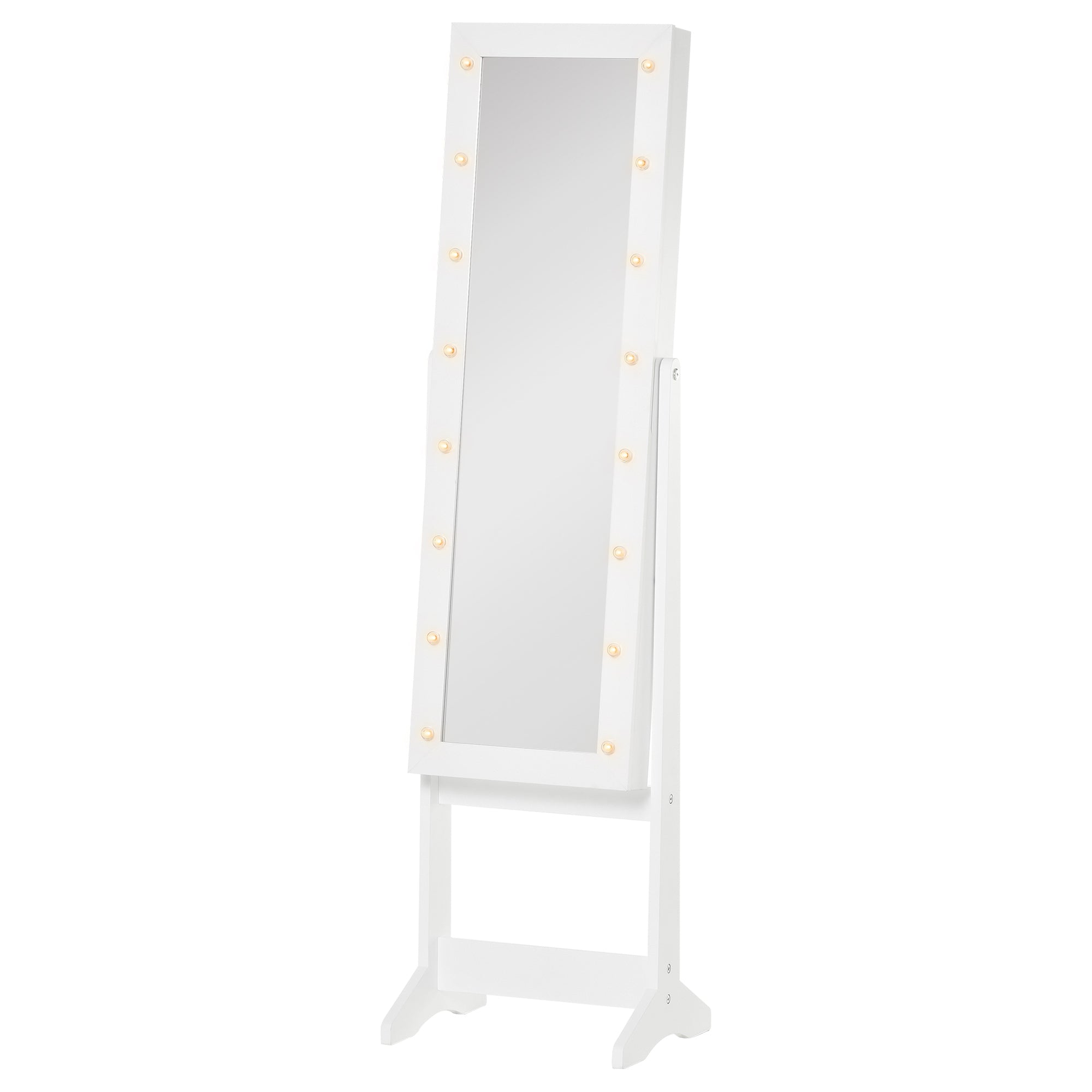 HOMCOM Lighted Mirrored Jewelry Cabinet Floor Free Standing Armoire Organizer Storage Necklaces Bracelets Rings Earrings Angle Adjustable w/16 LED Lights Warm White