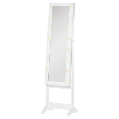 HOMCOM Lighted Mirrored Jewelry Cabinet Floor Free Standing Armoire Organizer Storage Necklaces Bracelets Rings Earrings Angle Adjustable w/16 LED Lights Warm White