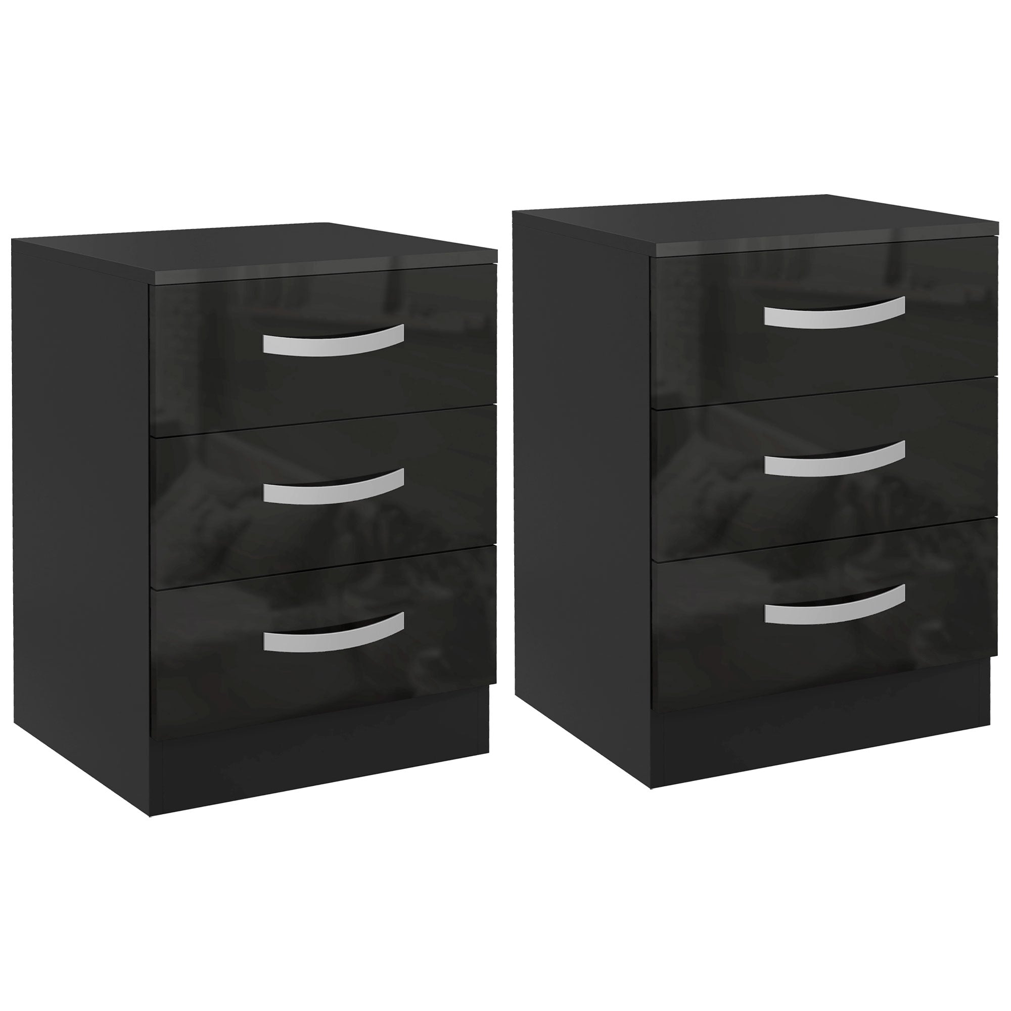 HOMCOM Modern Nightstand Set of 2, Bedside Tables with 3 High Gloss Drawers for Bedroom, Black