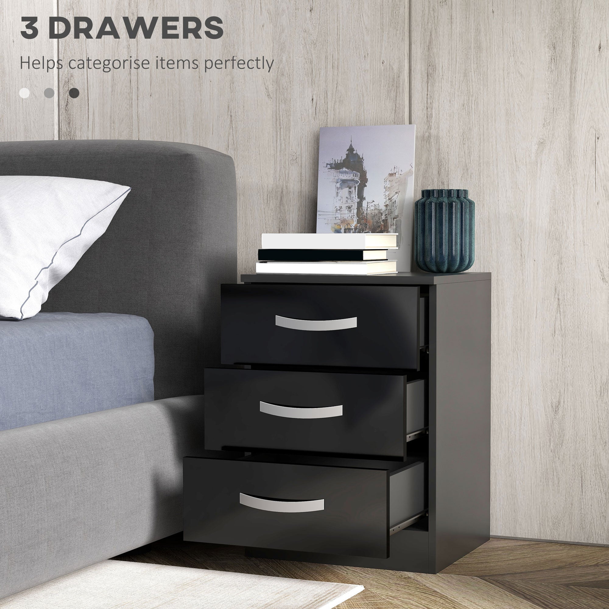 HOMCOM Modern Nightstand Set of 2, Bedside Tables with 3 High Gloss Drawers for Bedroom, Black