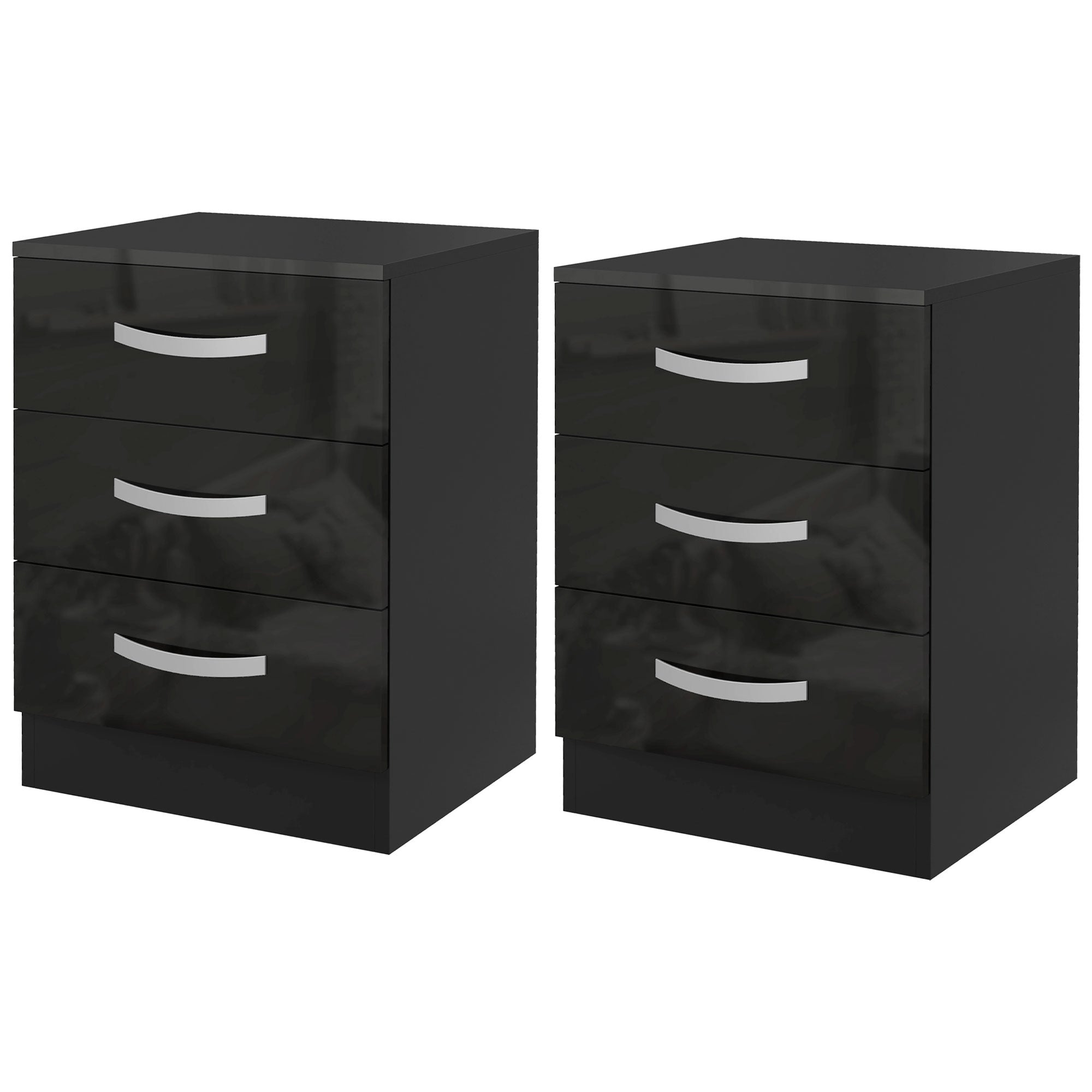HOMCOM Modern Nightstand Set of 2, Bedside Tables with 3 High Gloss Drawers for Bedroom, Black
