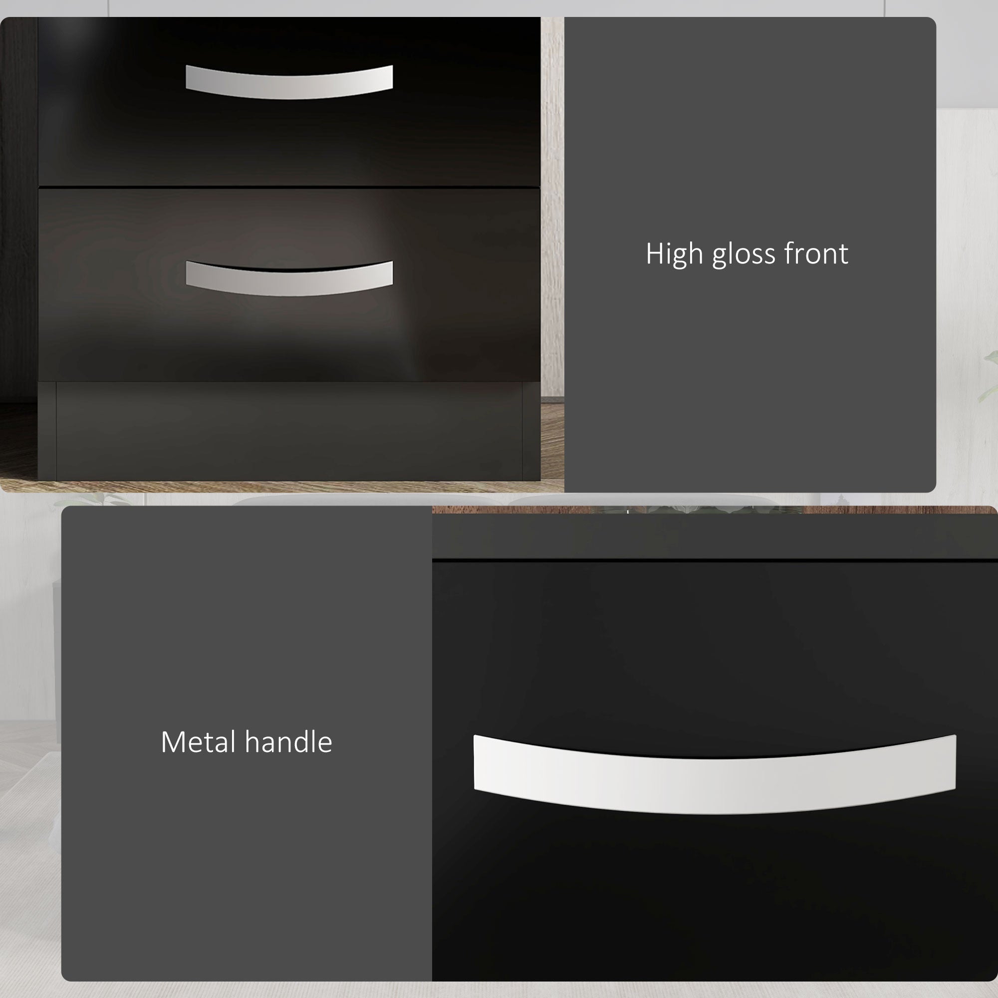 HOMCOM Modern Nightstand Set of 2, Bedside Tables with 3 High Gloss Drawers for Bedroom, Black