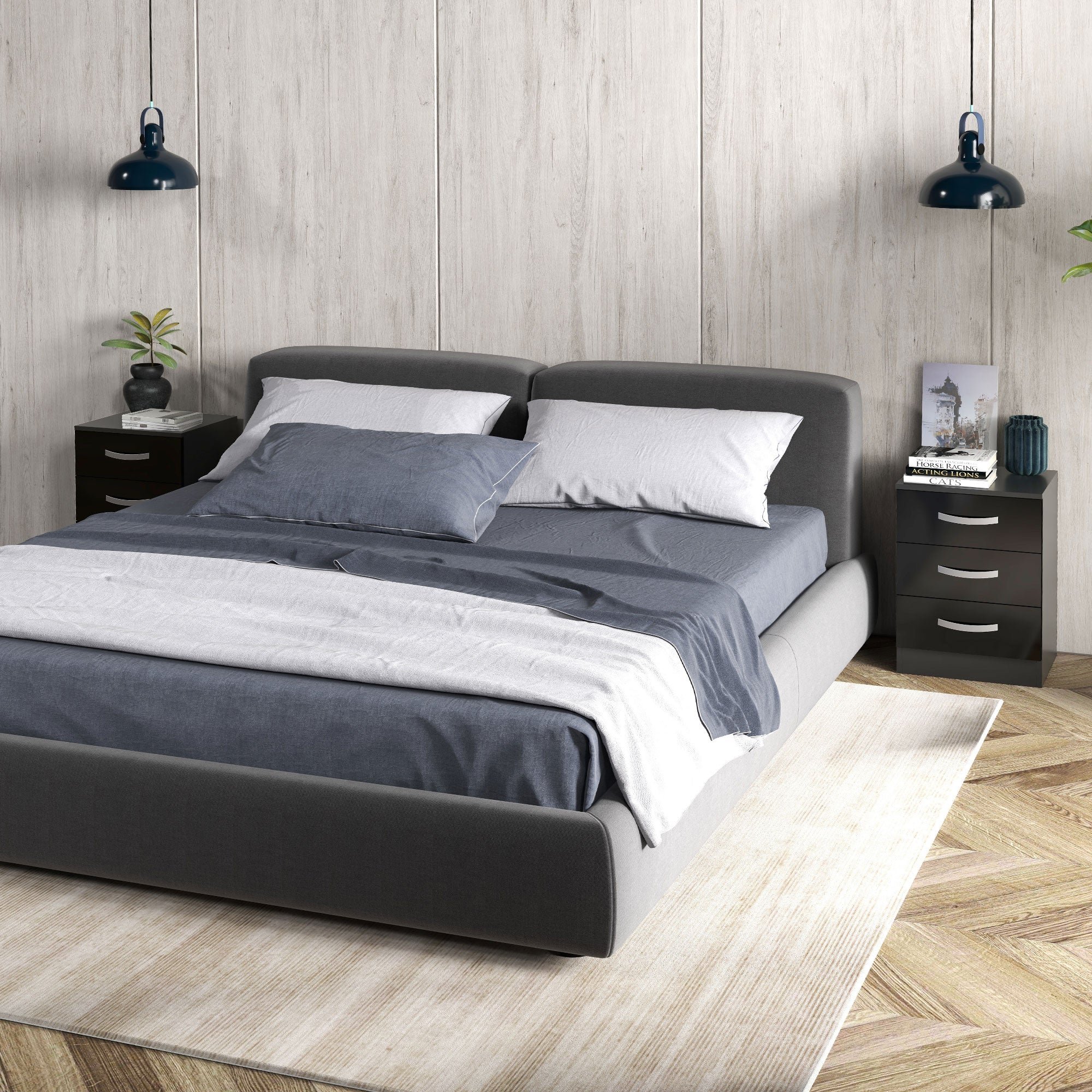 HOMCOM Modern Nightstand Set of 2, Bedside Tables with 3 High Gloss Drawers for Bedroom, Black